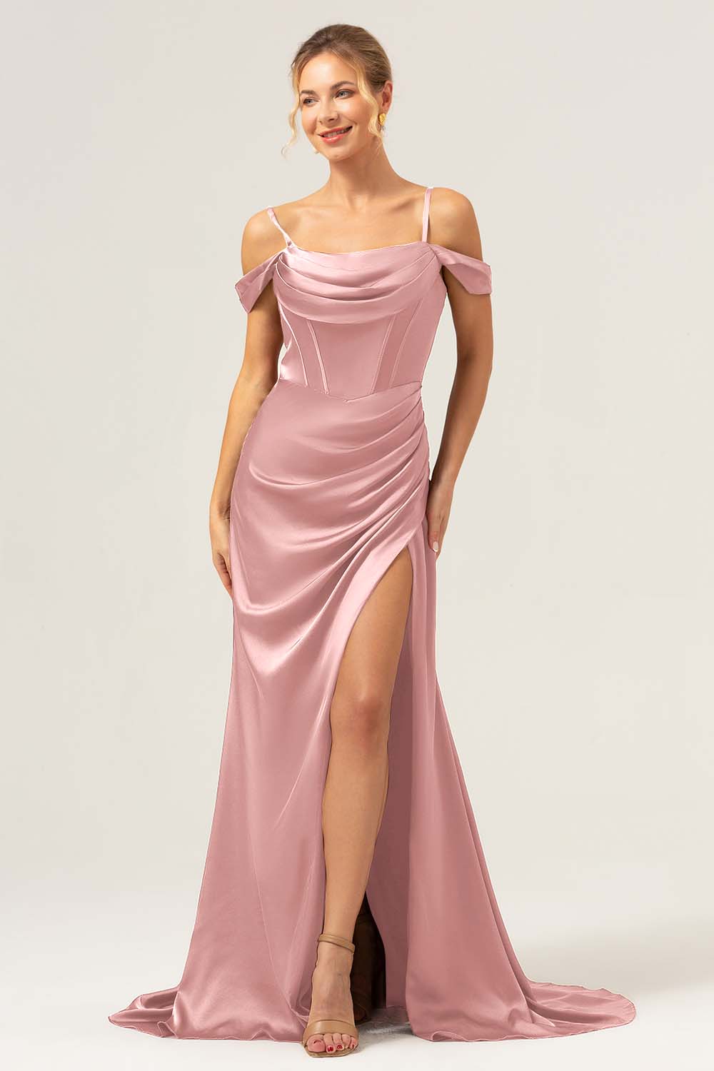 Coffee Mermaid Cold Shoulder Ruched Corset Long Bridesmaid Dress with Slit - Image 17