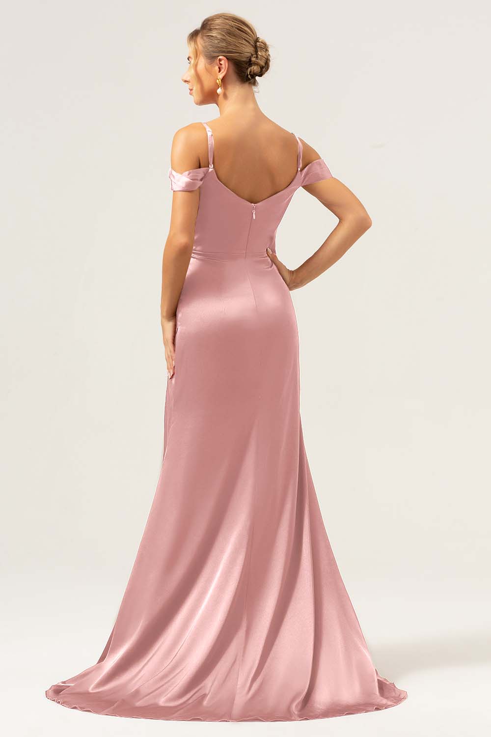 Coffee Mermaid Cold Shoulder Ruched Corset Long Bridesmaid Dress with Slit - Image 18