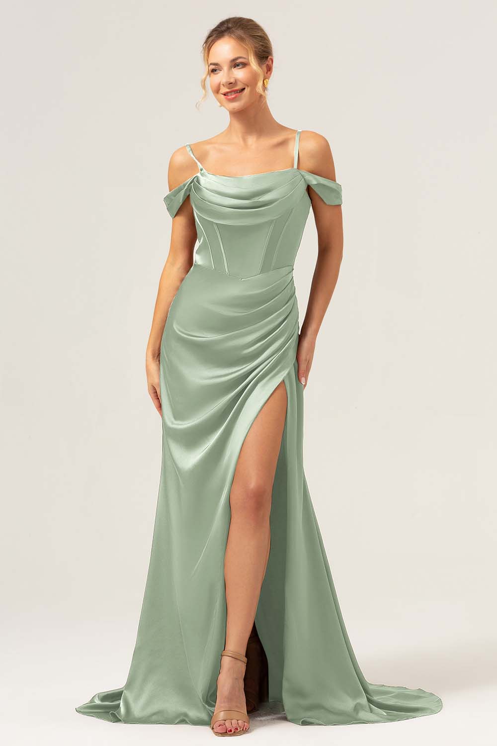Coffee Mermaid Cold Shoulder Ruched Corset Long Bridesmaid Dress with Slit - Image 19