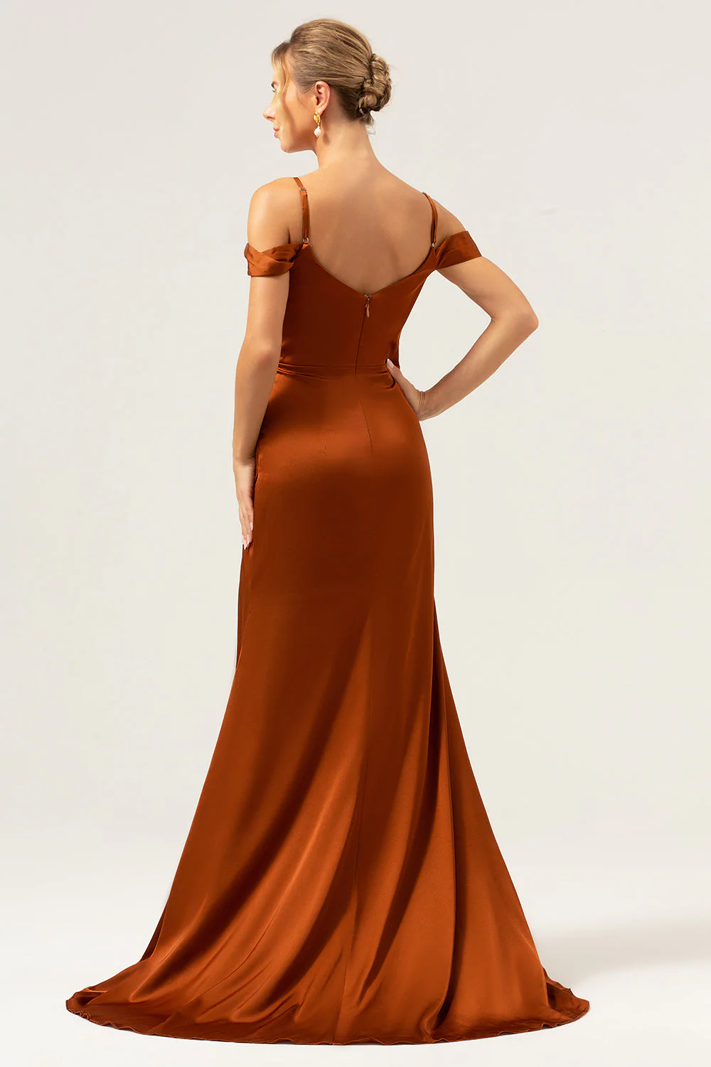 Coffee Mermaid Cold Shoulder Ruched Corset Long Bridesmaid Dress with Slit - Image 2