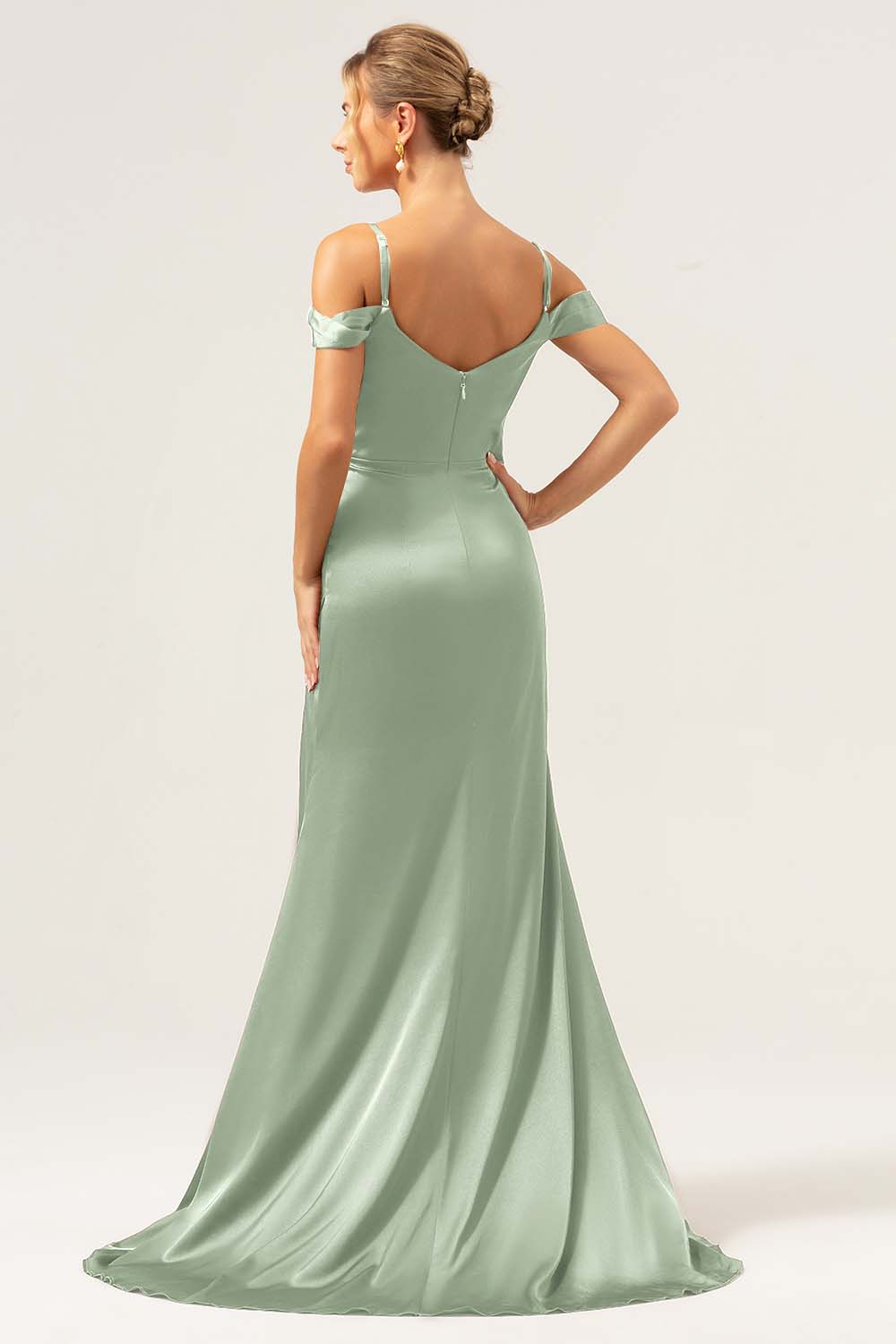 Coffee Mermaid Cold Shoulder Ruched Corset Long Bridesmaid Dress with Slit - Image 20