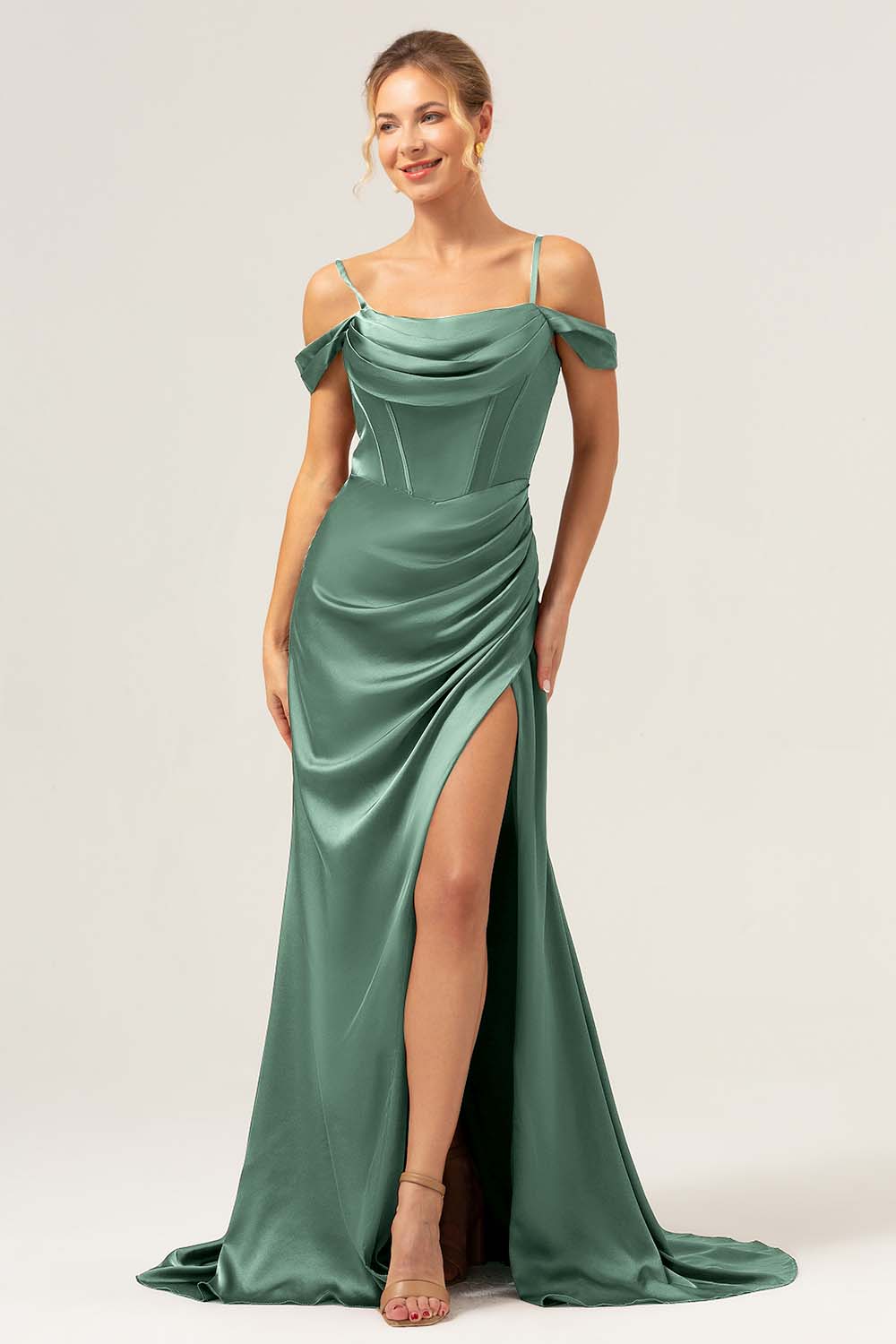Coffee Mermaid Cold Shoulder Ruched Corset Long Bridesmaid Dress with Slit - Image 21