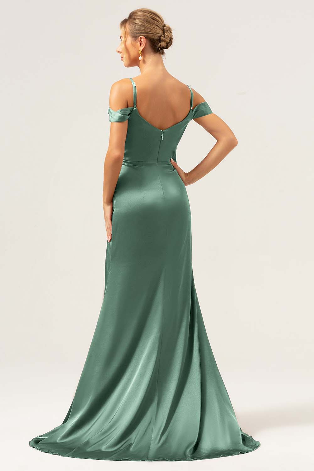 Coffee Mermaid Cold Shoulder Ruched Corset Long Bridesmaid Dress with Slit - Image 22