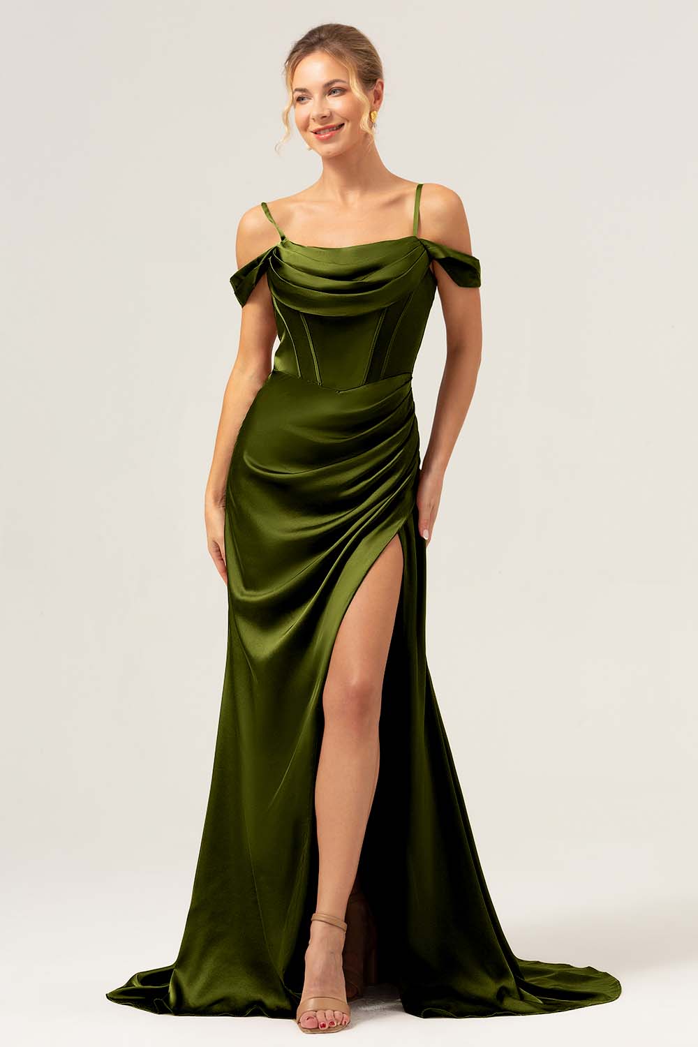 Coffee Mermaid Cold Shoulder Ruched Corset Long Bridesmaid Dress with Slit - Image 23