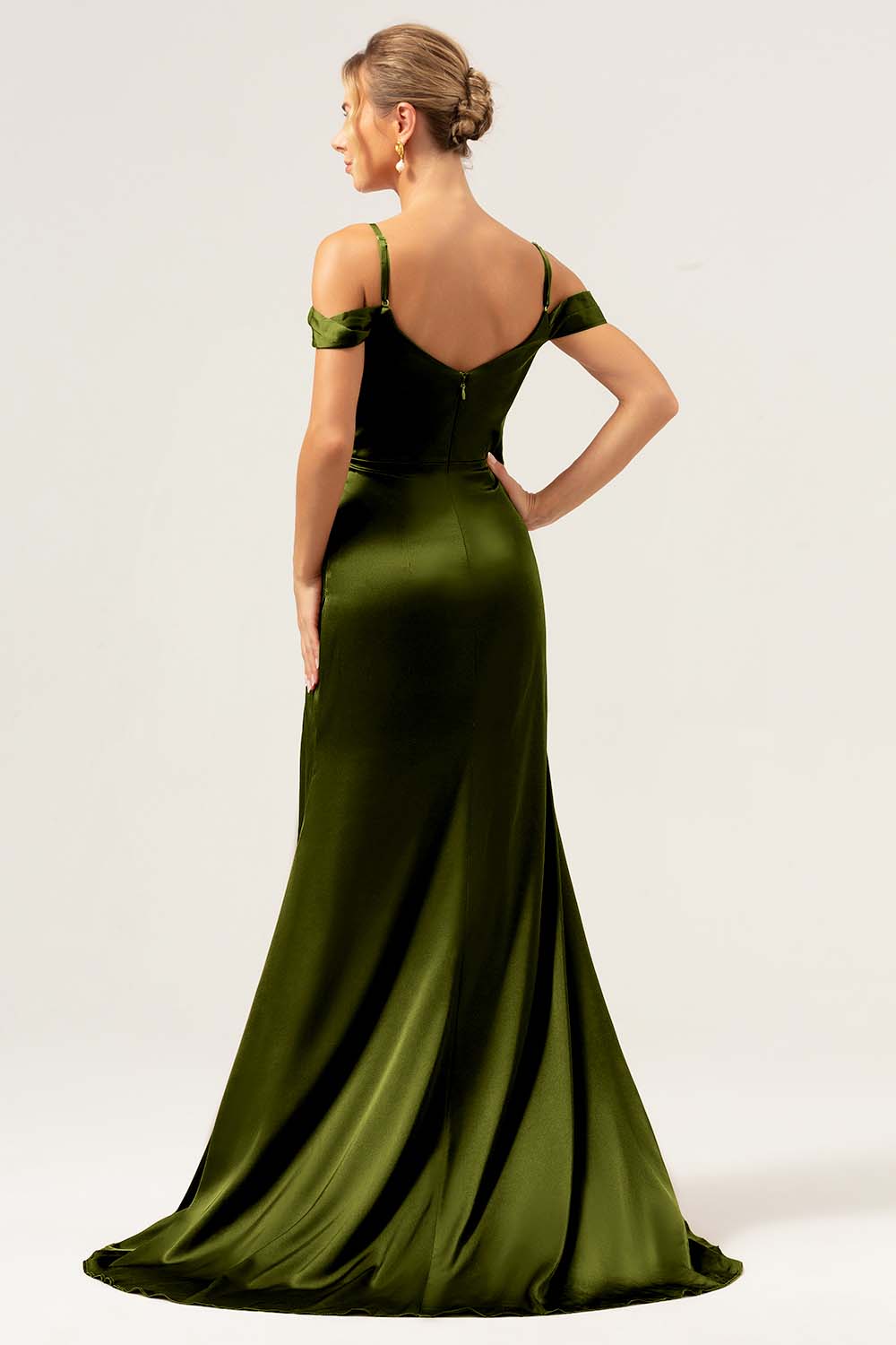 Coffee Mermaid Cold Shoulder Ruched Corset Long Bridesmaid Dress with Slit - Image 24