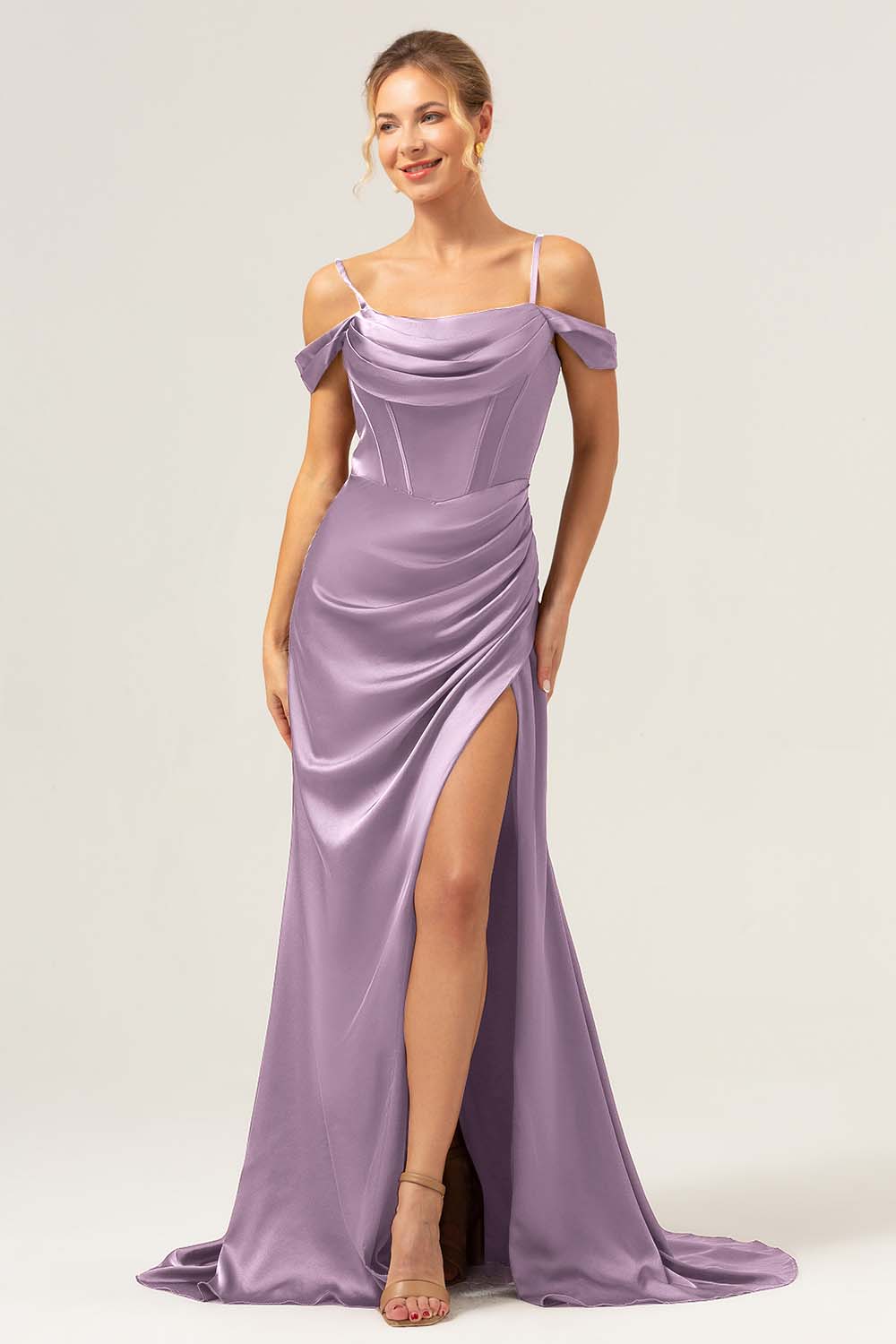 Coffee Mermaid Cold Shoulder Ruched Corset Long Bridesmaid Dress with Slit - Image 25
