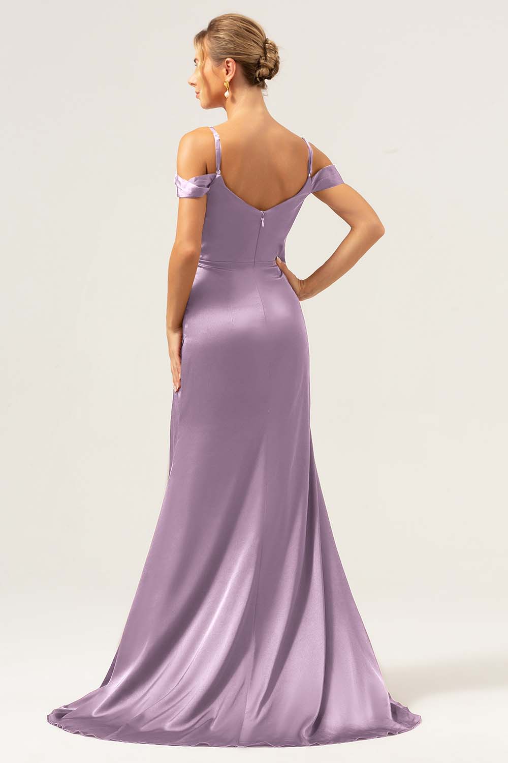 Coffee Mermaid Cold Shoulder Ruched Corset Long Bridesmaid Dress with Slit - Image 26