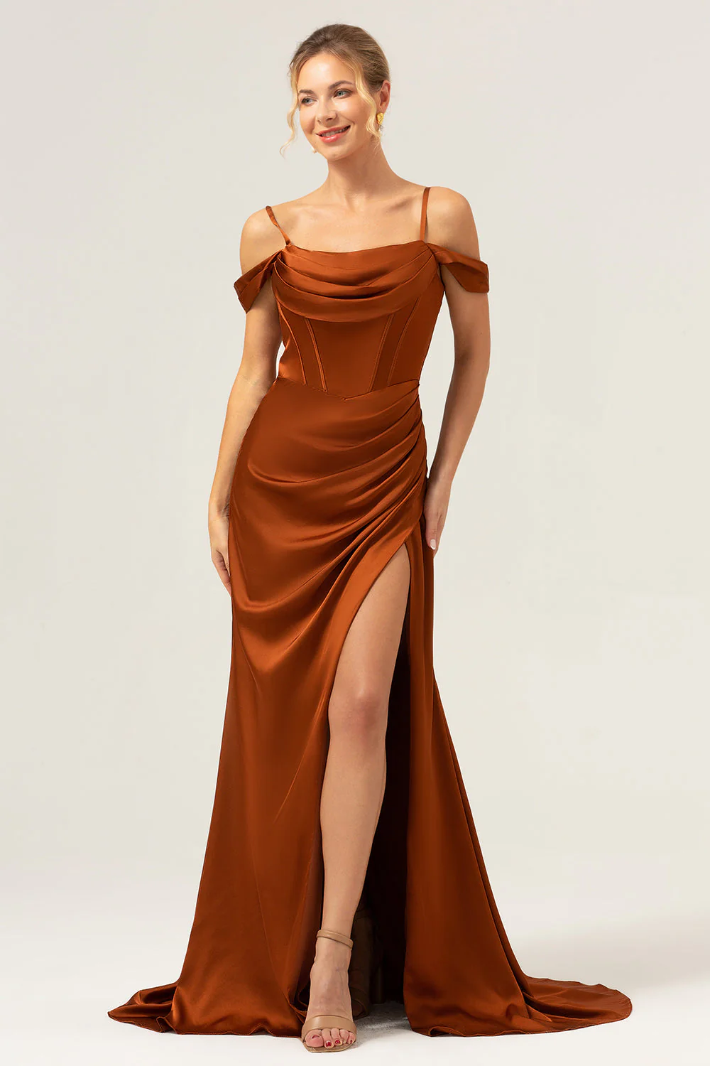Coffee Mermaid Cold Shoulder Ruched Corset Long Bridesmaid Dress with Slit - Image 3