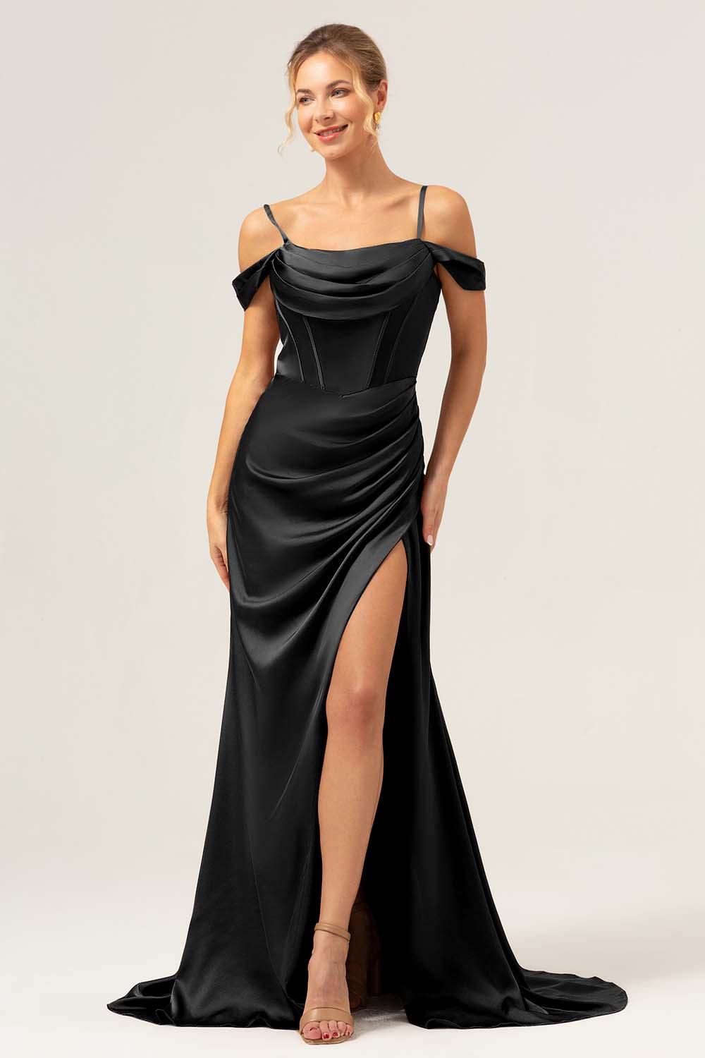 Coffee Mermaid Cold Shoulder Ruched Corset Long Bridesmaid Dress with Slit - Image 7