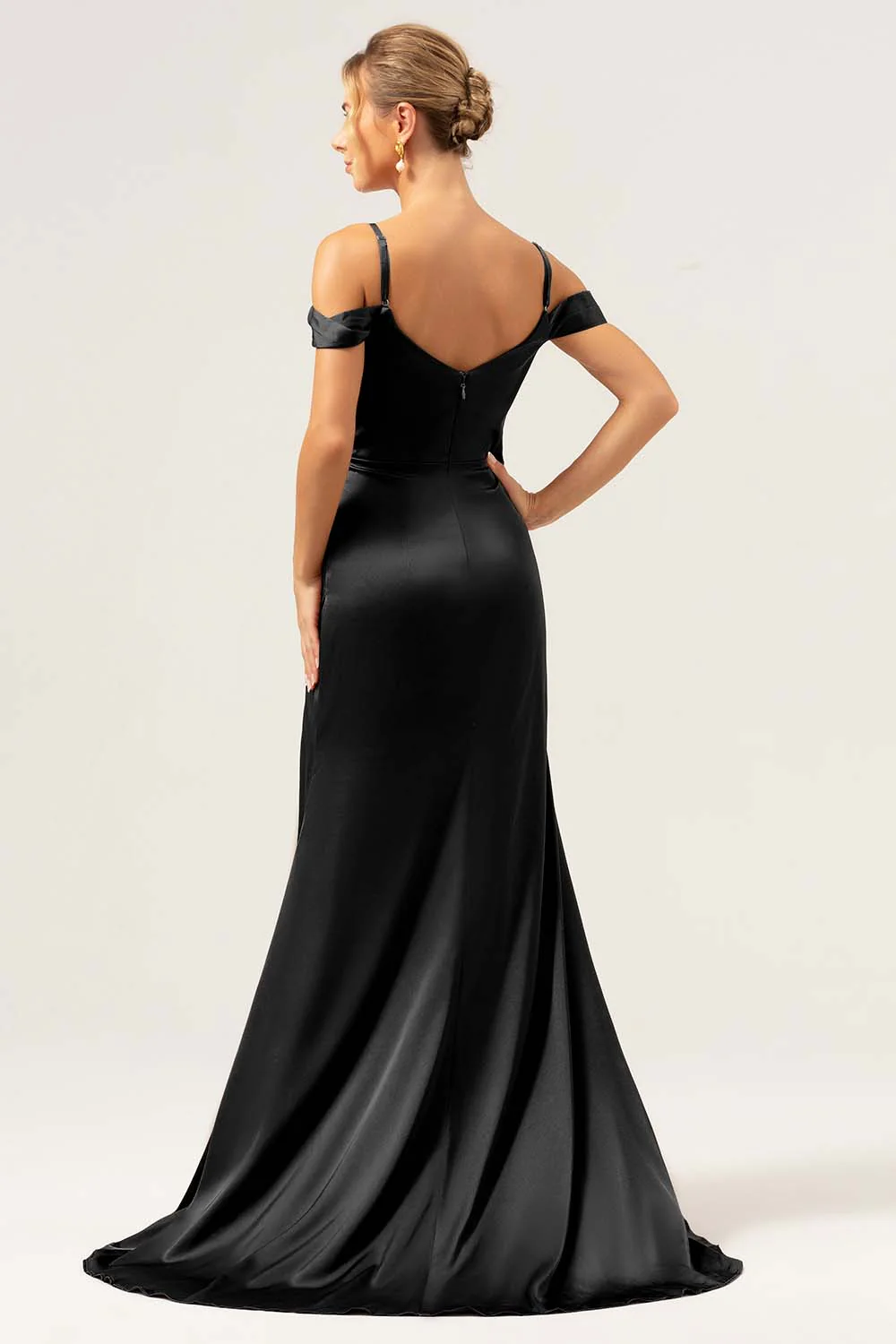 Coffee Mermaid Cold Shoulder Ruched Corset Long Bridesmaid Dress with Slit - Image 8