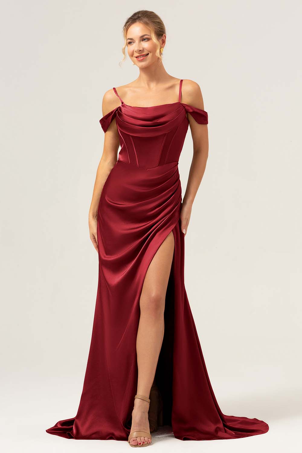 Coffee Mermaid Cold Shoulder Ruched Corset Long Bridesmaid Dress with Slit - Image 9