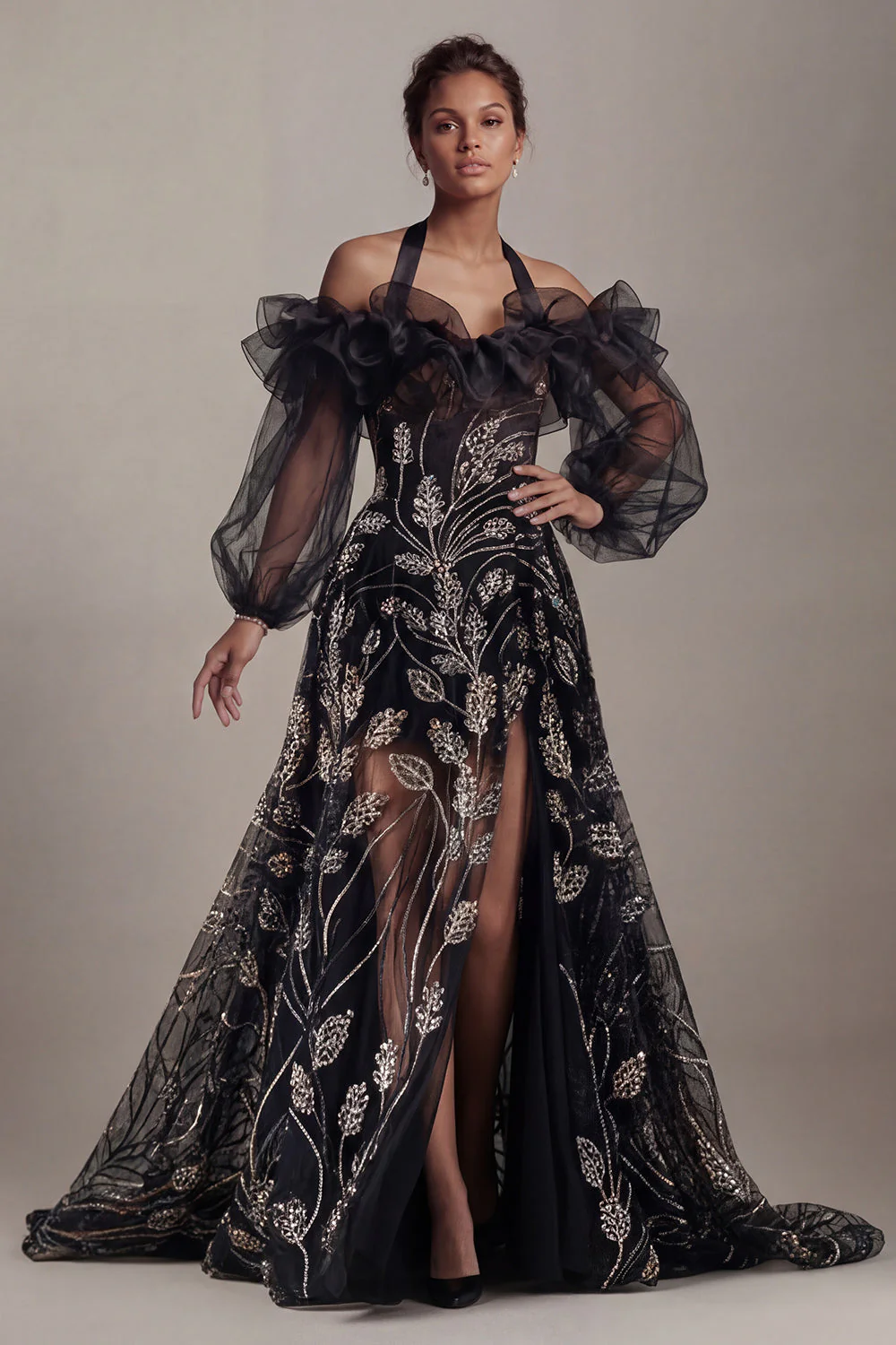 Black Cold Shoulder Sequin A Line Mother Of Bride Dress with Slit