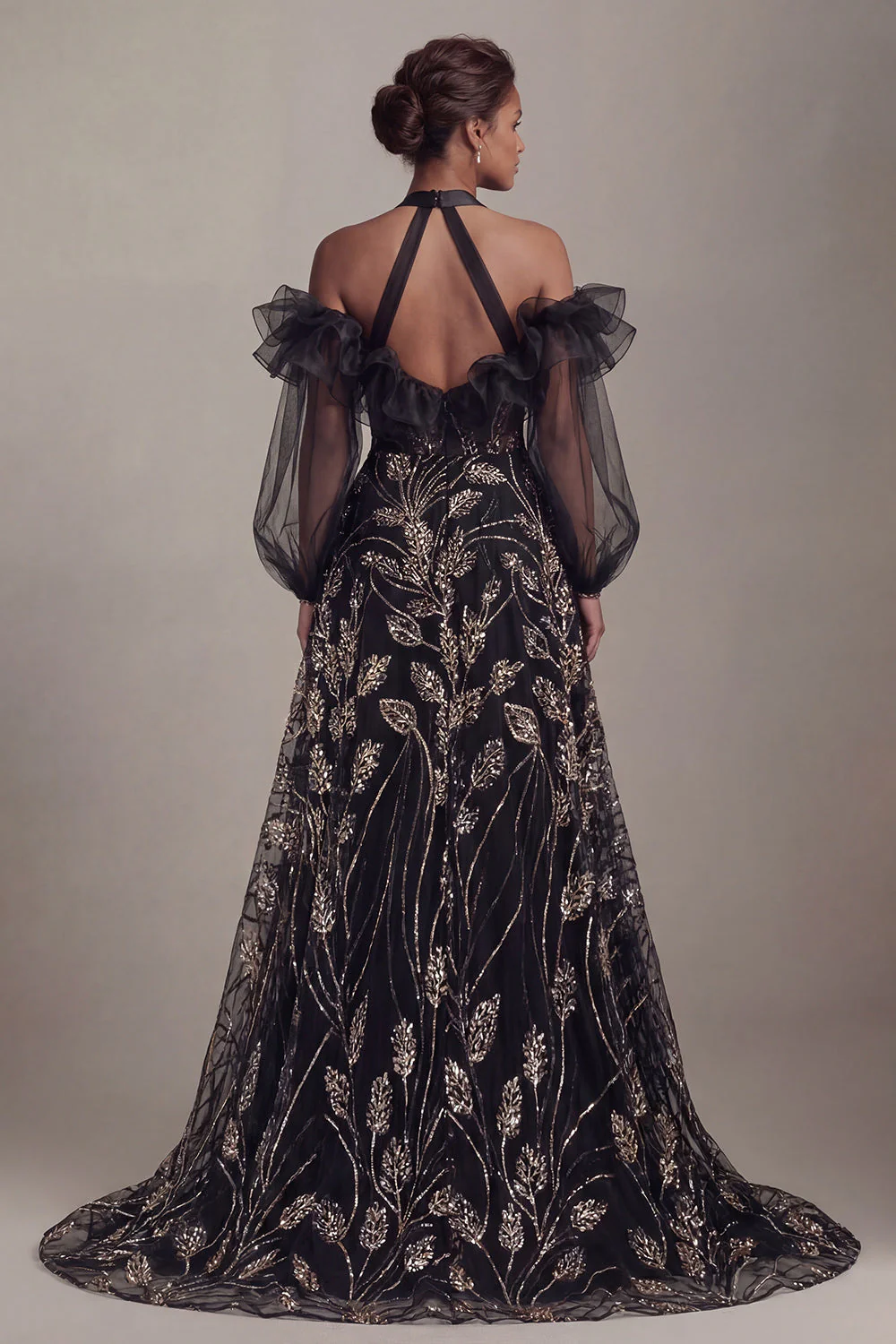 Black Cold Shoulder Sequin A Line Mother Of Bride Dress with Slit - Image 2