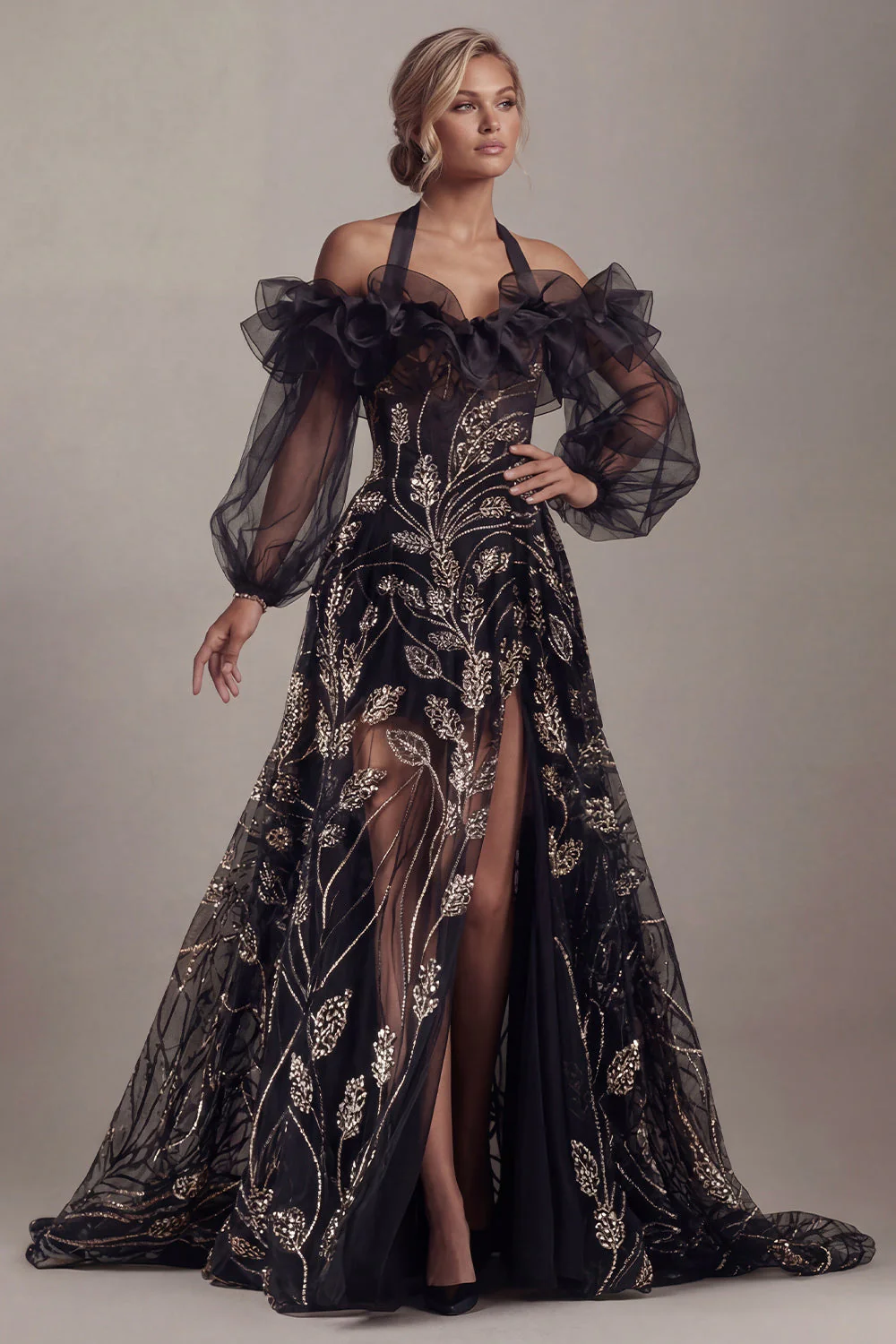 Black Cold Shoulder Sequin A Line Mother Of Bride Dress with Slit - Image 3