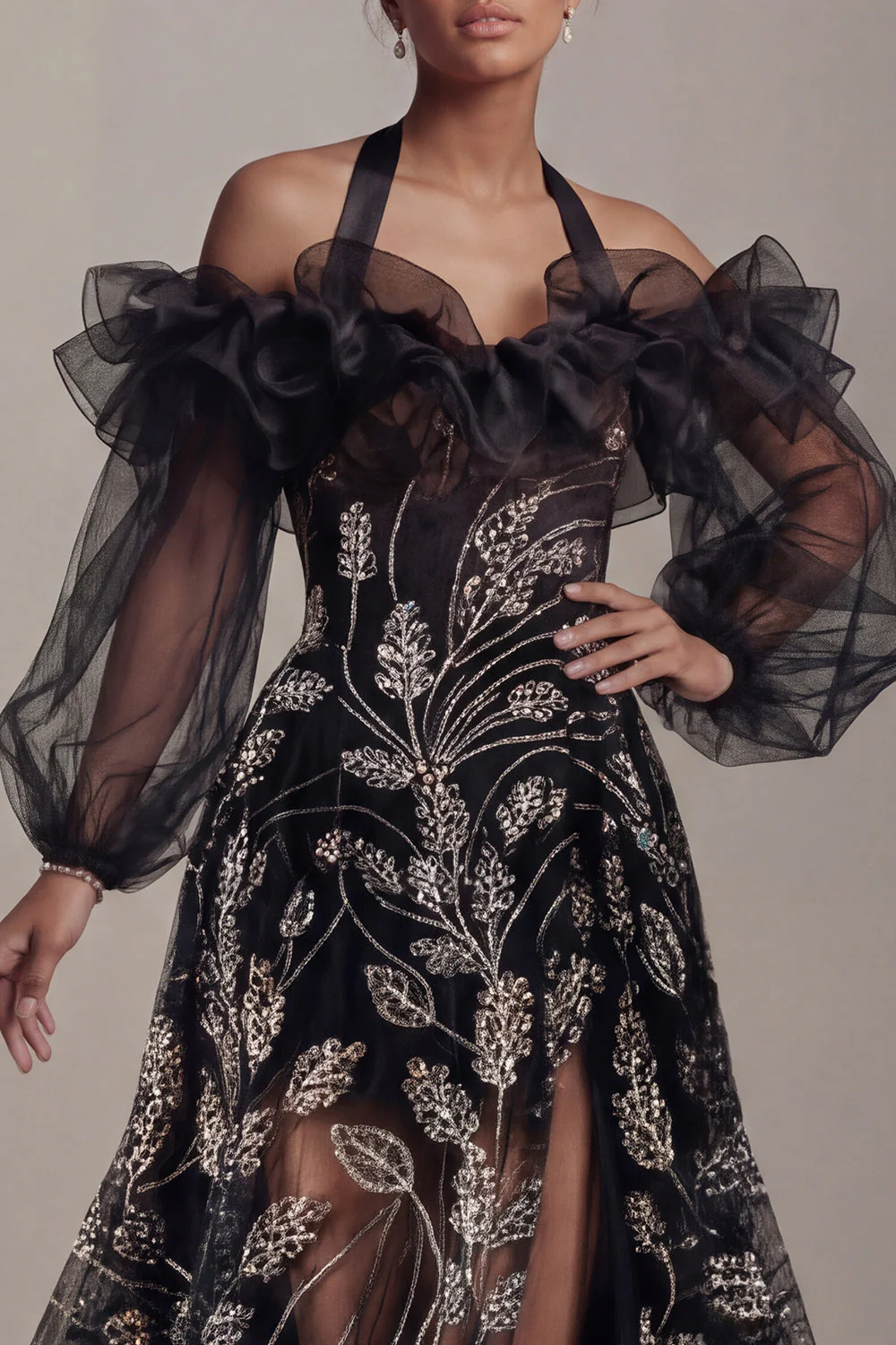 Black Cold Shoulder Sequin A Line Mother Of Bride Dress with Slit - Image 4
