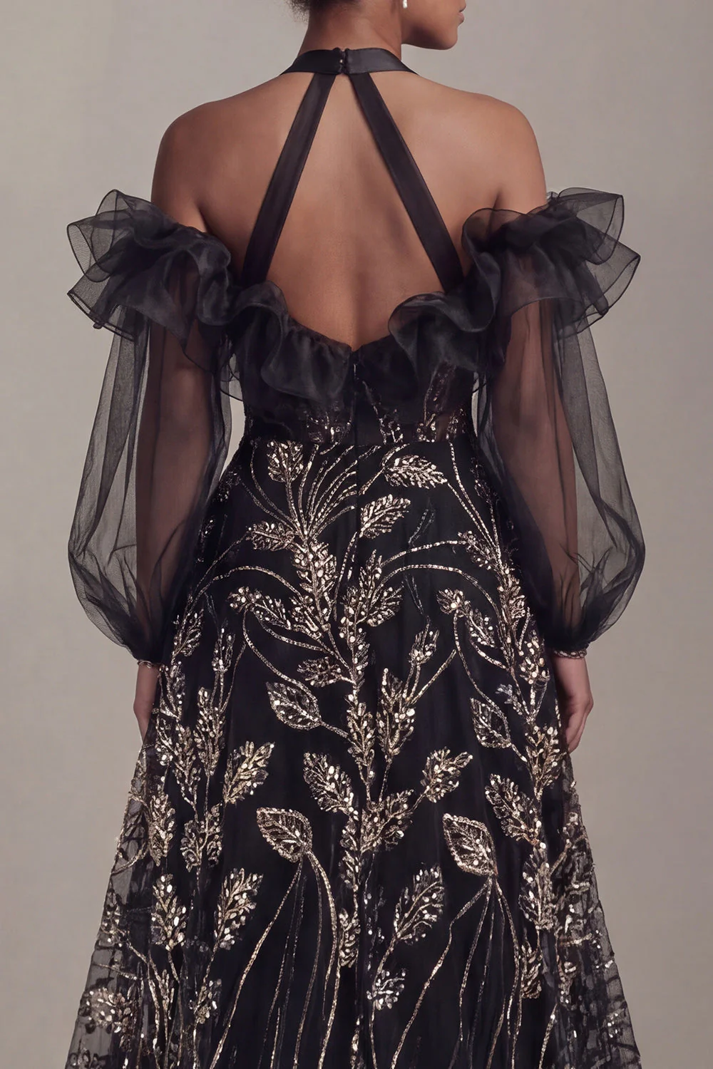 Black Cold Shoulder Sequin A Line Mother Of Bride Dress with Slit - Image 5