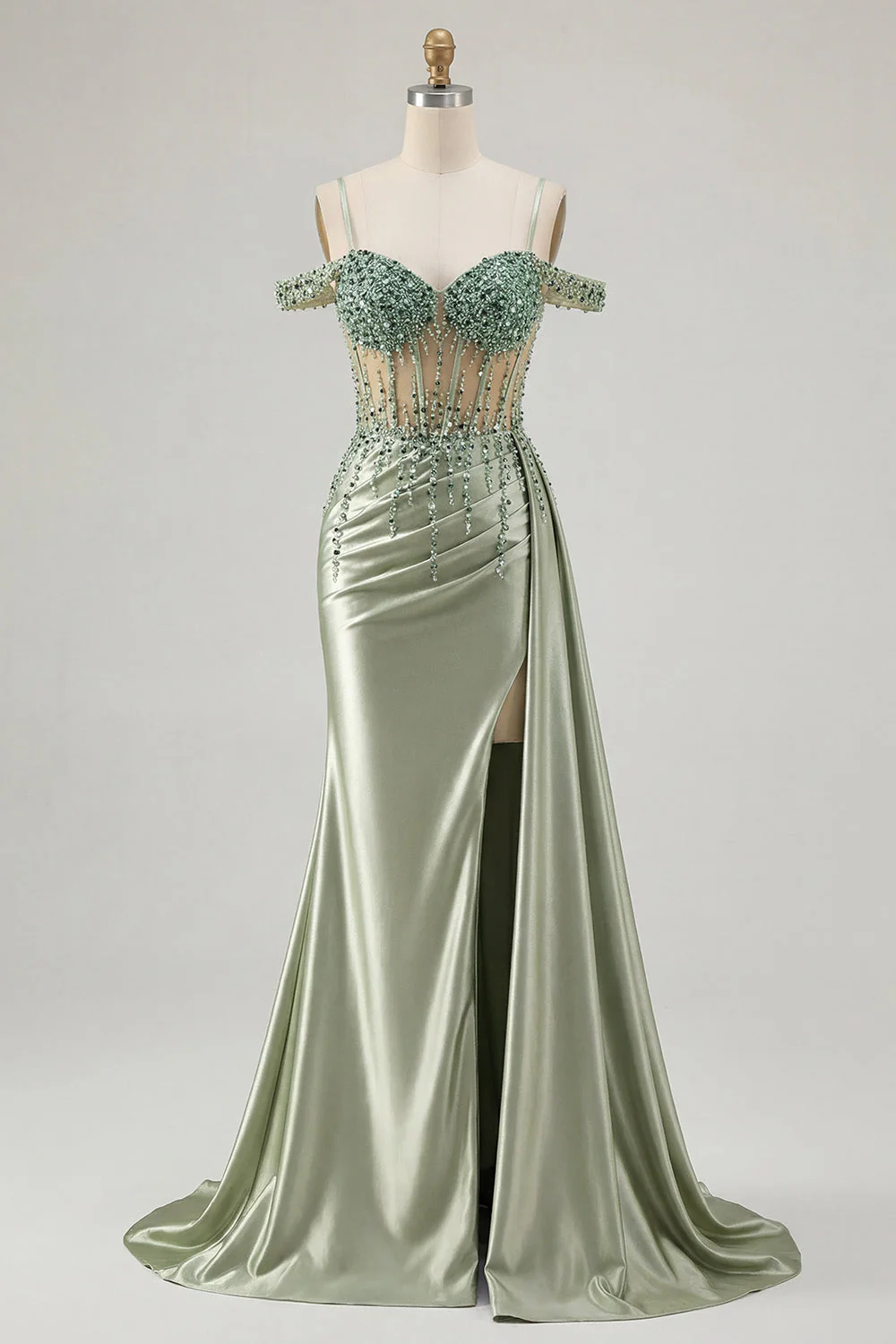 Light Green Mermaid Sequin Corset Cold Shoulder Long Prom Dress with Slit - Image 3