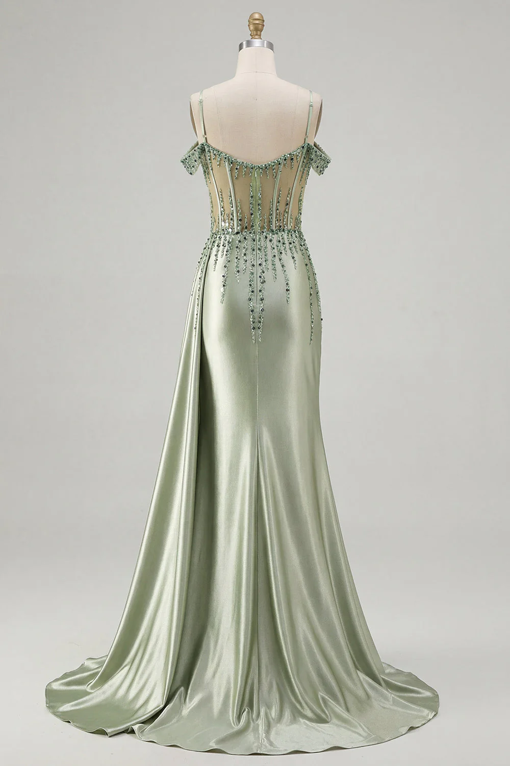 Light Green Mermaid Sequin Corset Cold Shoulder Long Prom Dress with Slit - Image 4