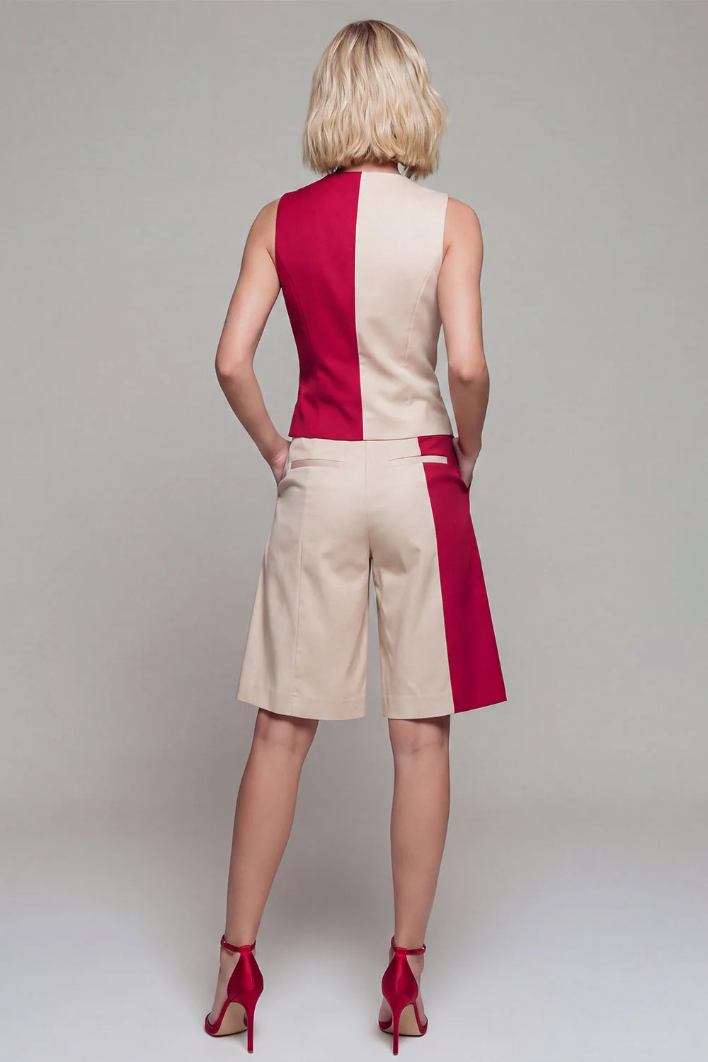 Light Khaki 2 Piece V Neck ColorBlock Women Suits - Image 2