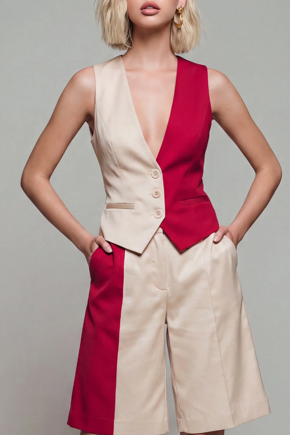 Light Khaki 2 Piece V Neck ColorBlock Women Suits - Image 3