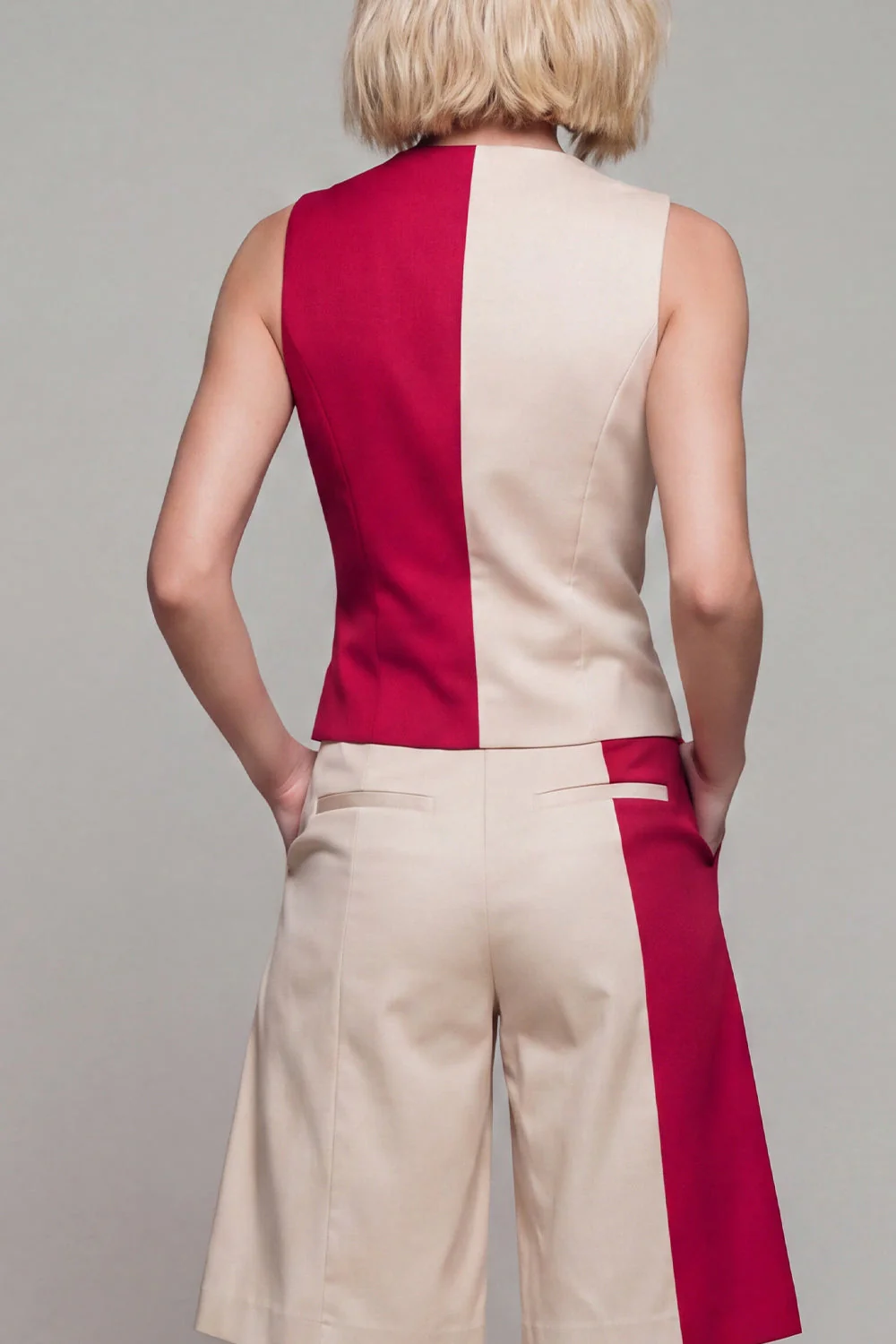 Light Khaki 2 Piece V Neck ColorBlock Women Suits - Image 4
