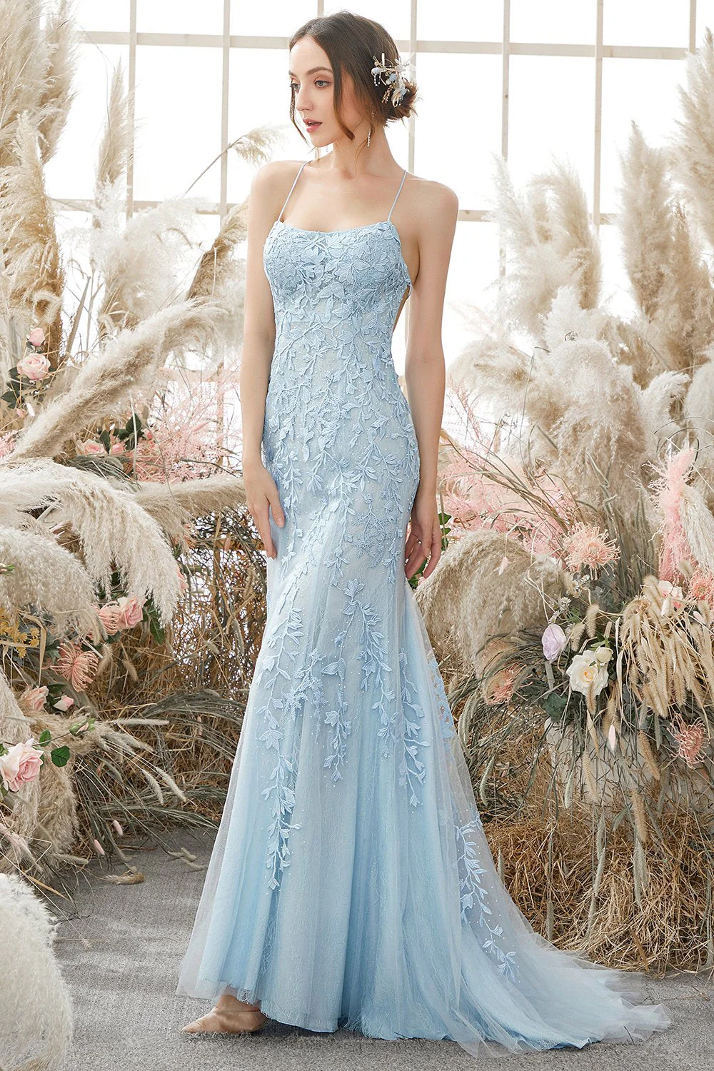 Coral Backless Long Prom Dress with Appliques - Image 10