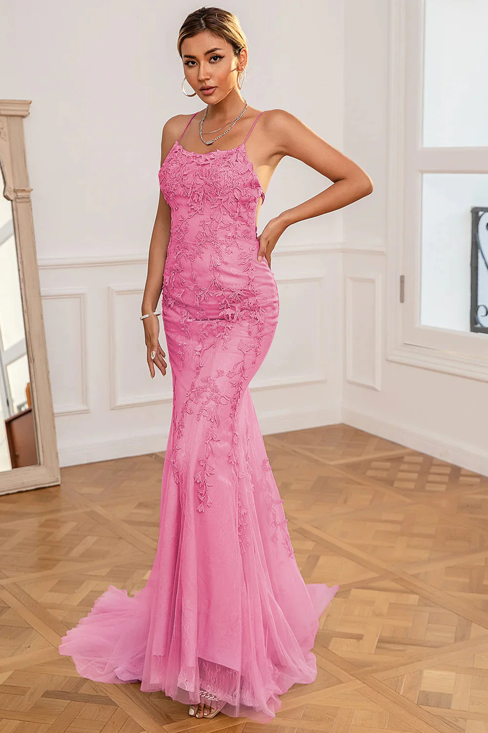 Coral Backless Long Prom Dress with Appliques - Image 28