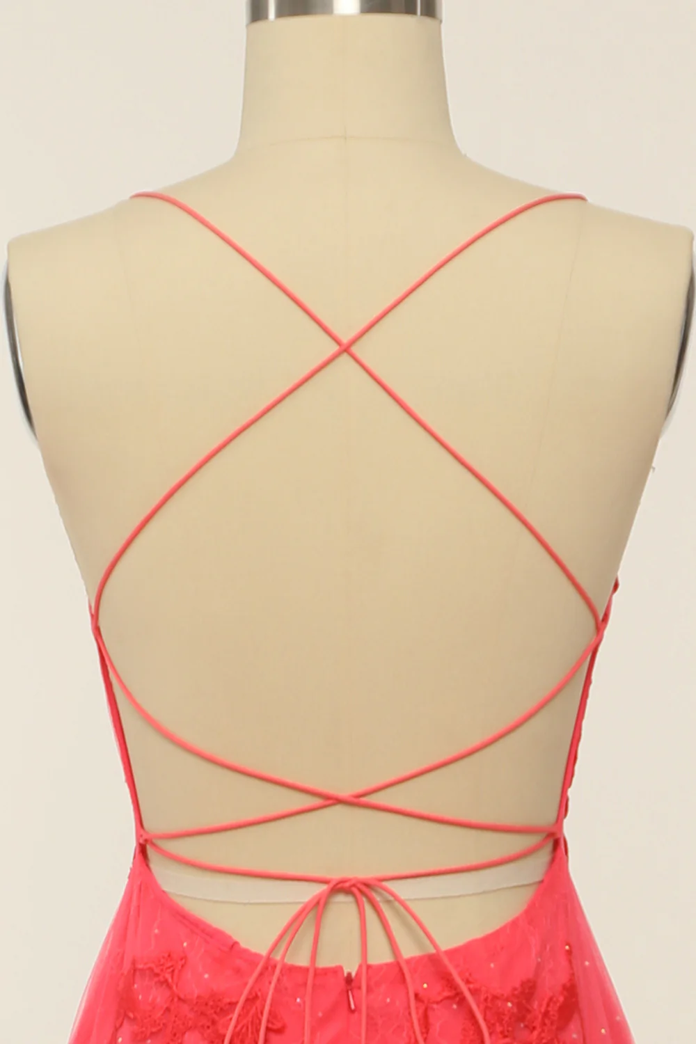 Coral Backless Long Prom Dress with Appliques - Image 5