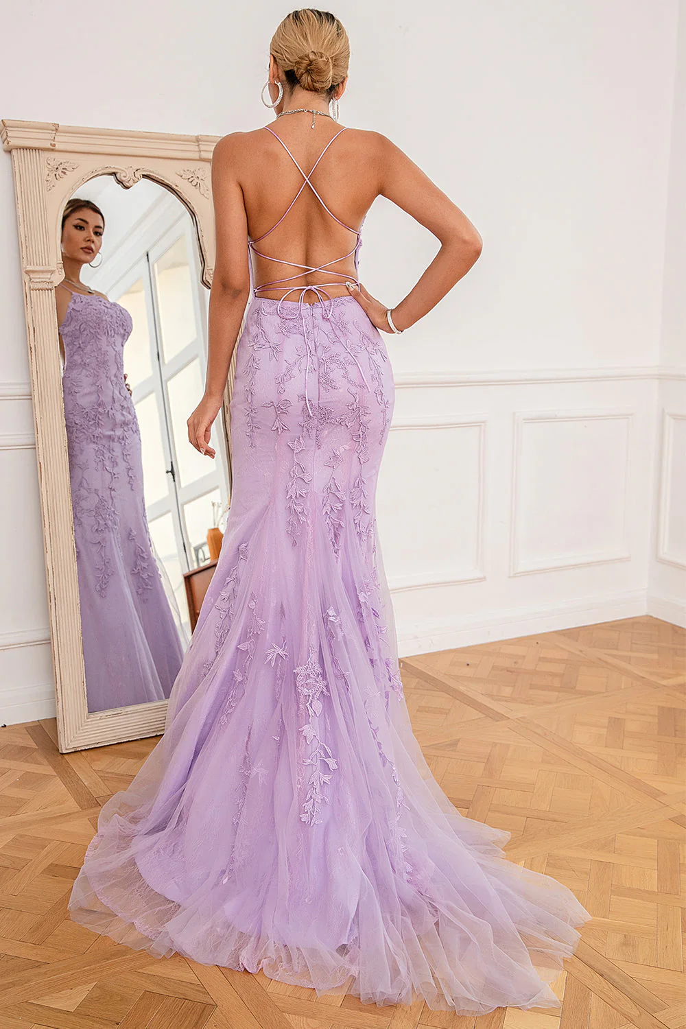 Coral Backless Long Prom Dress with Appliques - Image 7