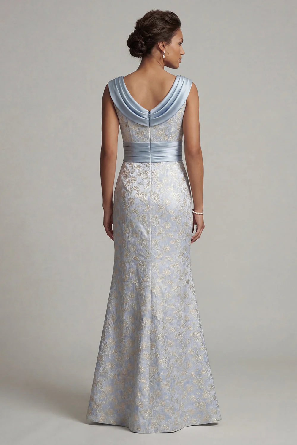 Cowl Neck Mermaid Light Blue Brocade Mother of the Bride Dress - Image 2