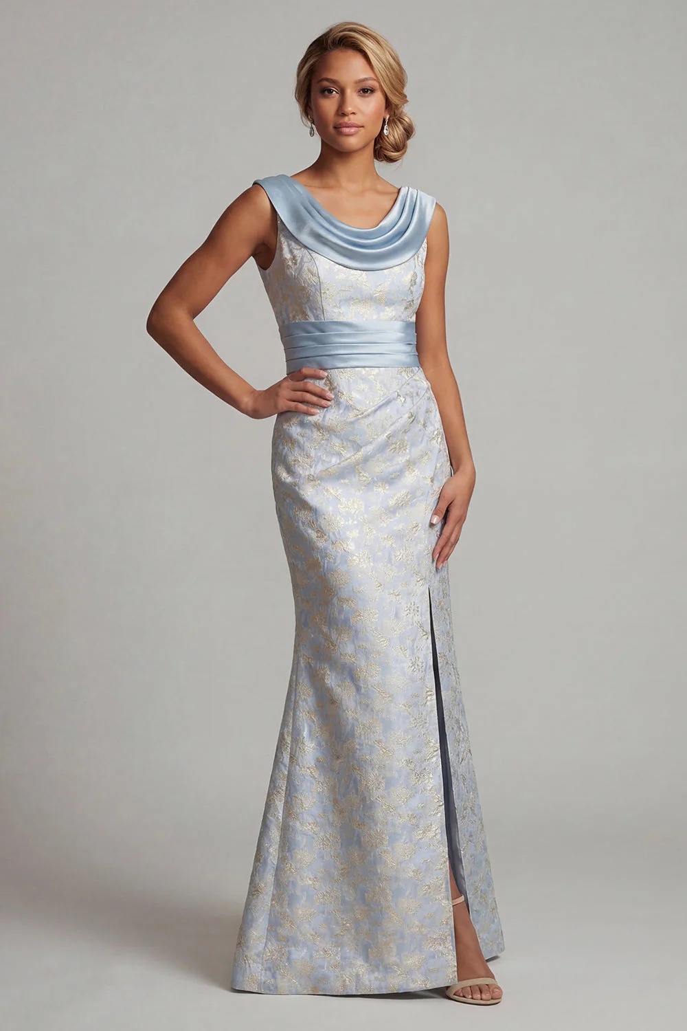 Cowl Neck Mermaid Light Blue Brocade Mother of the Bride Dress - Image 3