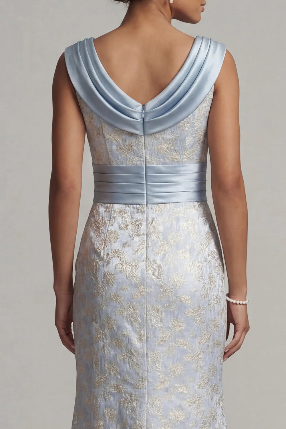 Cowl Neck Mermaid Light Blue Brocade Mother of the Bride Dress - Image 5