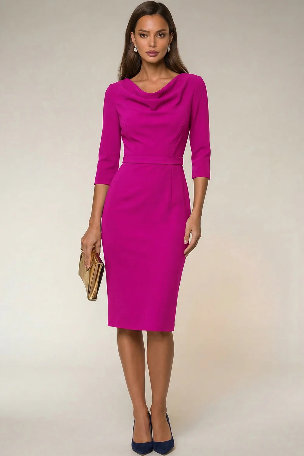 Cowl Neck Navy Bodycon 3/4 Sleeves Midi Work Dress - Image 10