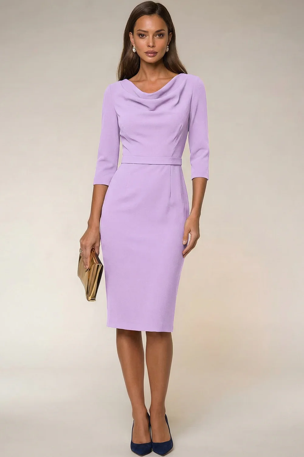 Cowl Neck Navy Bodycon 3/4 Sleeves Midi Work Dress - Image 12