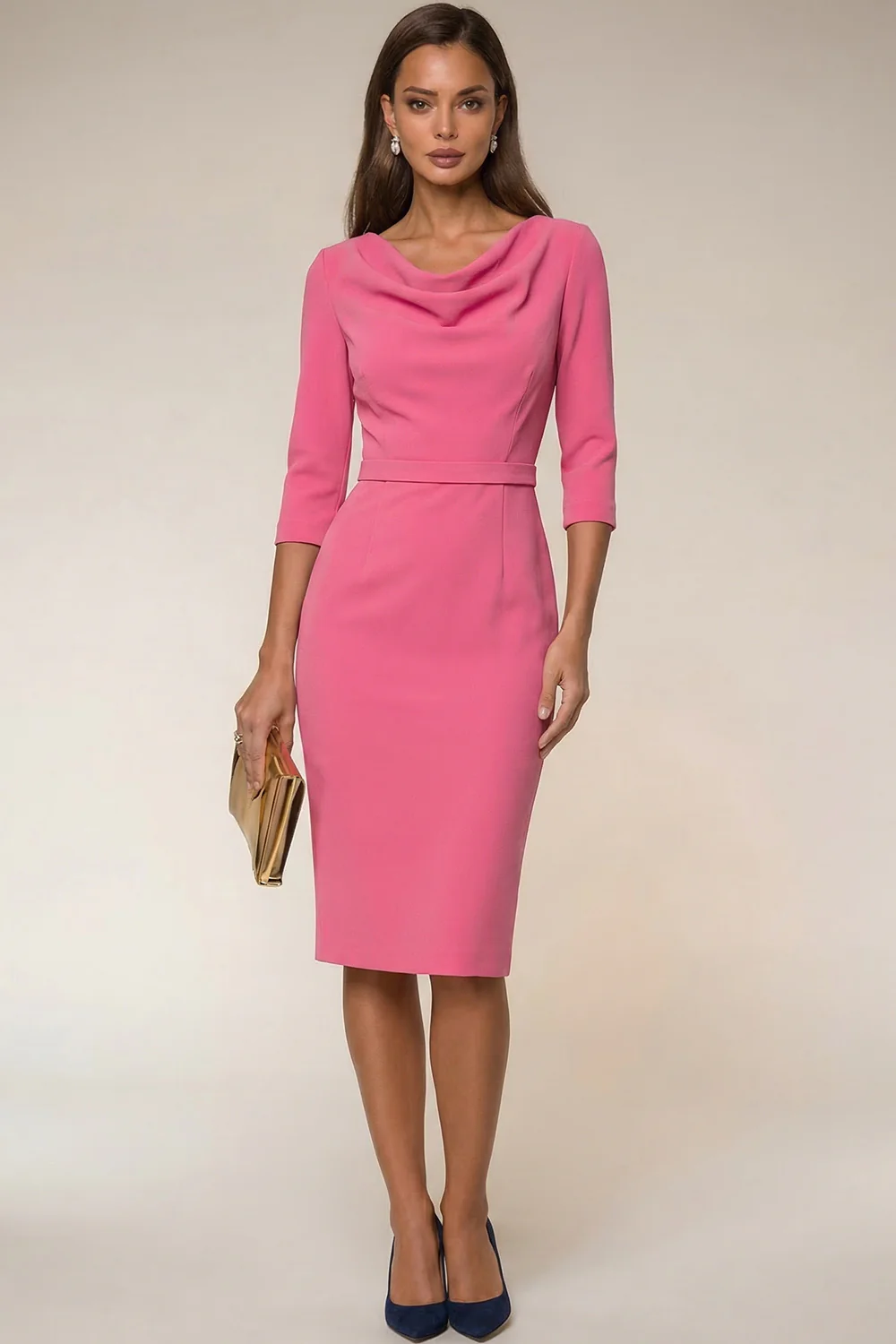 Cowl Neck Navy Bodycon 3/4 Sleeves Midi Work Dress - Image 13