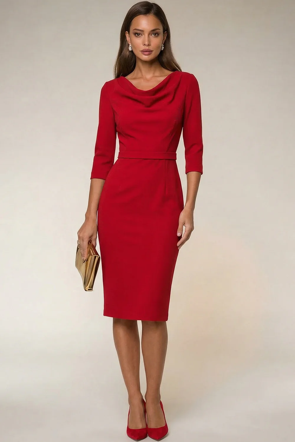Cowl Neck Navy Bodycon 3/4 Sleeves Midi Work Dress - Image 14