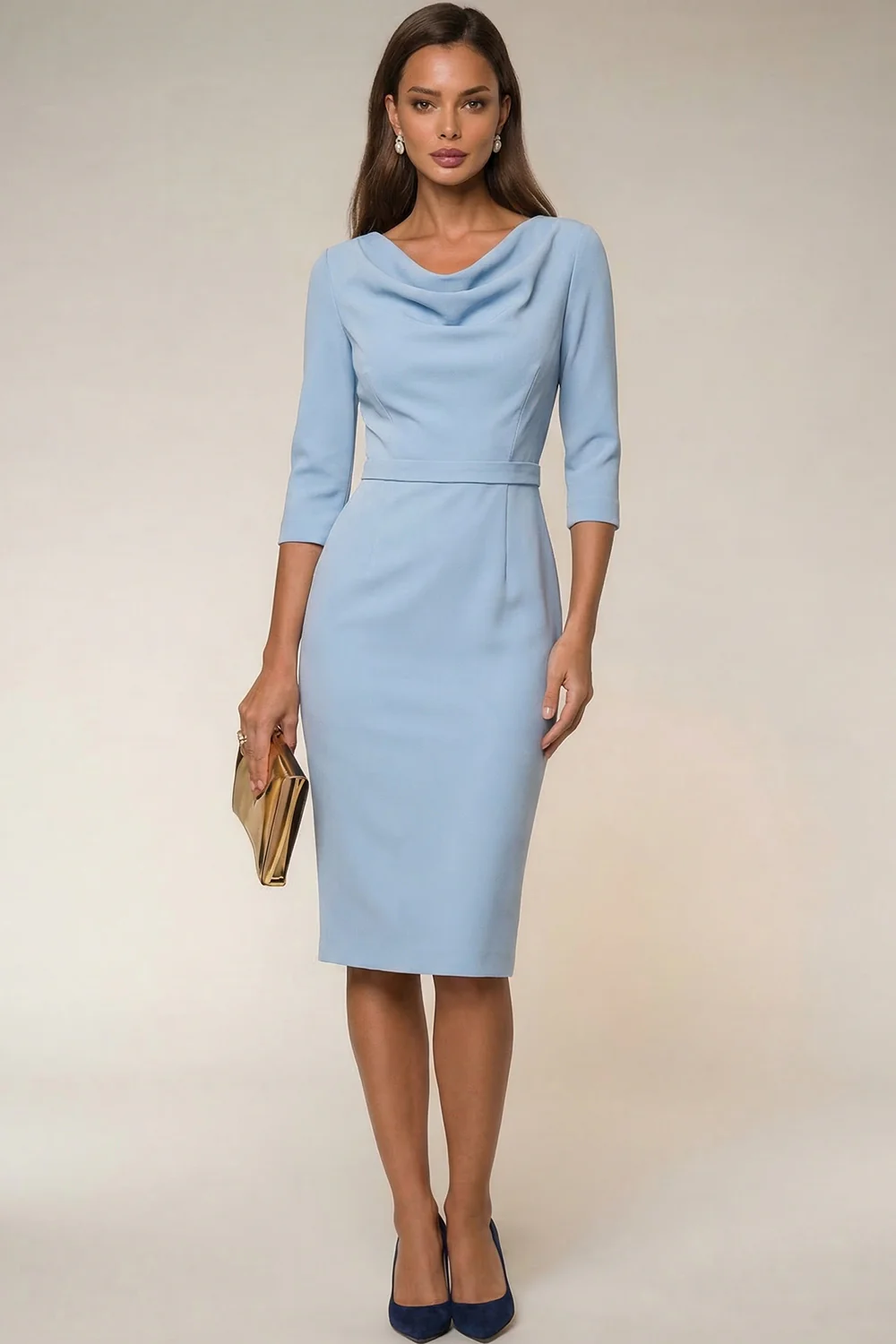Cowl Neck Navy Bodycon 3/4 Sleeves Midi Work Dress - Image 16