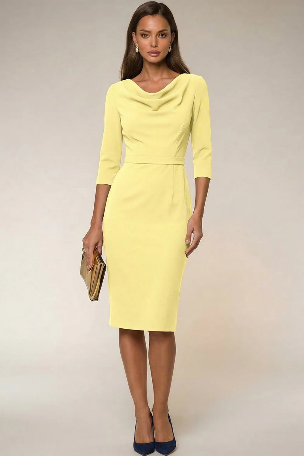 Cowl Neck Navy Bodycon 3/4 Sleeves Midi Work Dress - Image 17