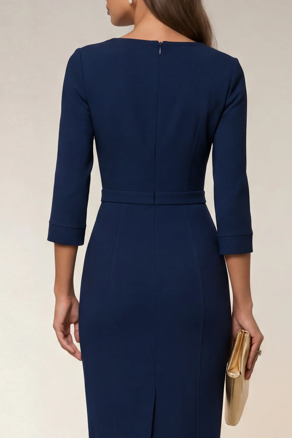 Cowl Neck Navy Bodycon 3/4 Sleeves Midi Work Dress - Image 4