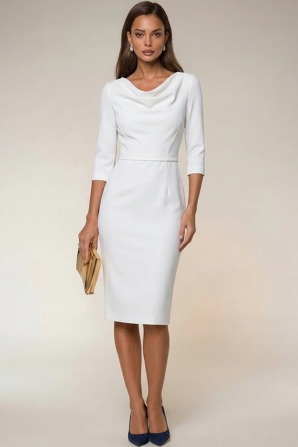 Cowl Neck Navy Bodycon 3/4 Sleeves Midi Work Dress - Image 5