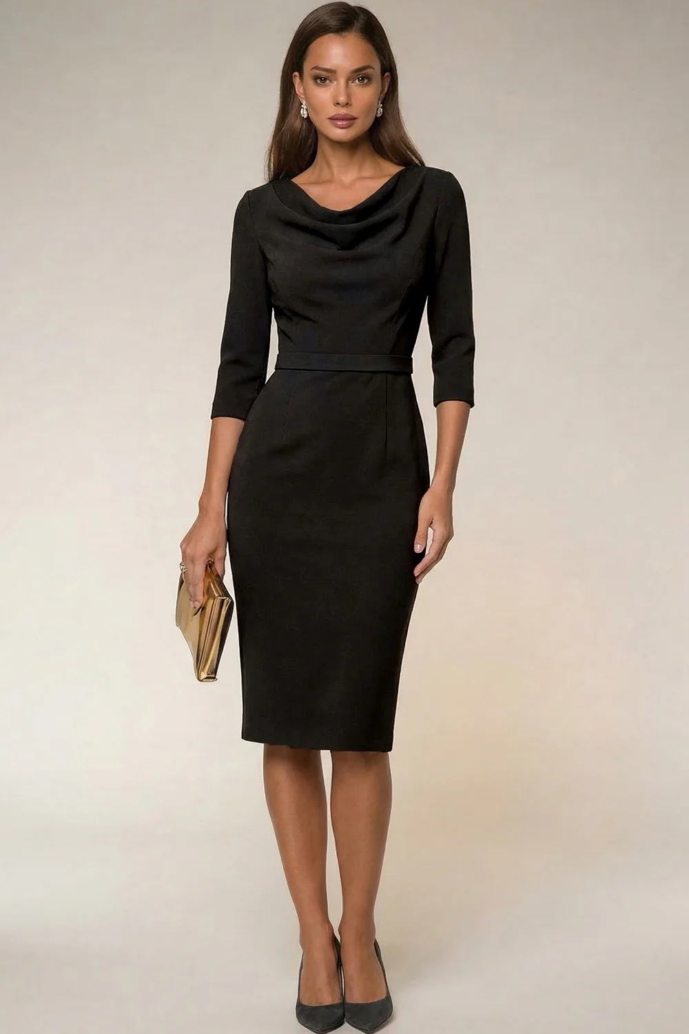 Cowl Neck Navy Bodycon 3/4 Sleeves Midi Work Dress - Image 6