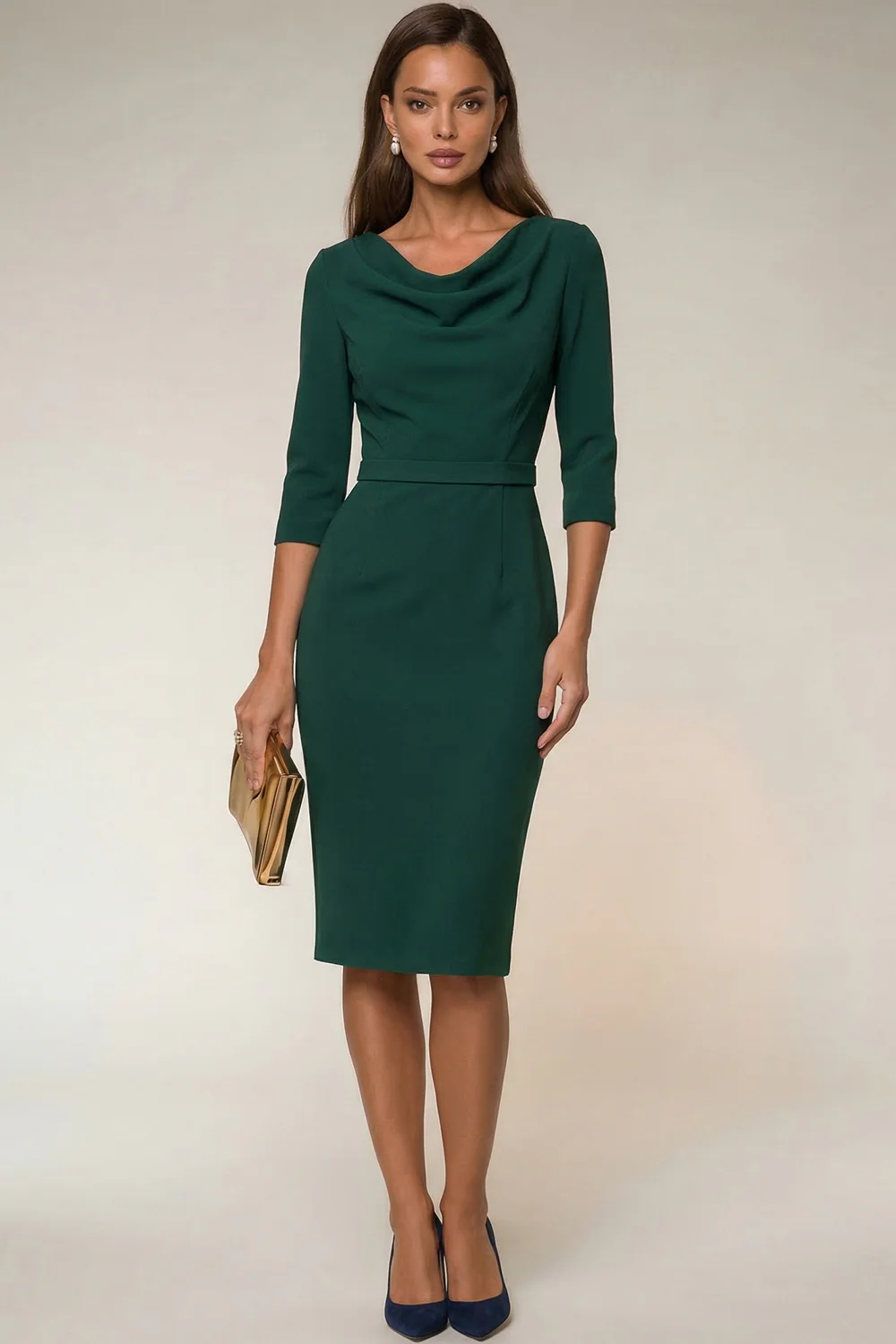 Cowl Neck Navy Bodycon 3/4 Sleeves Midi Work Dress - Image 7