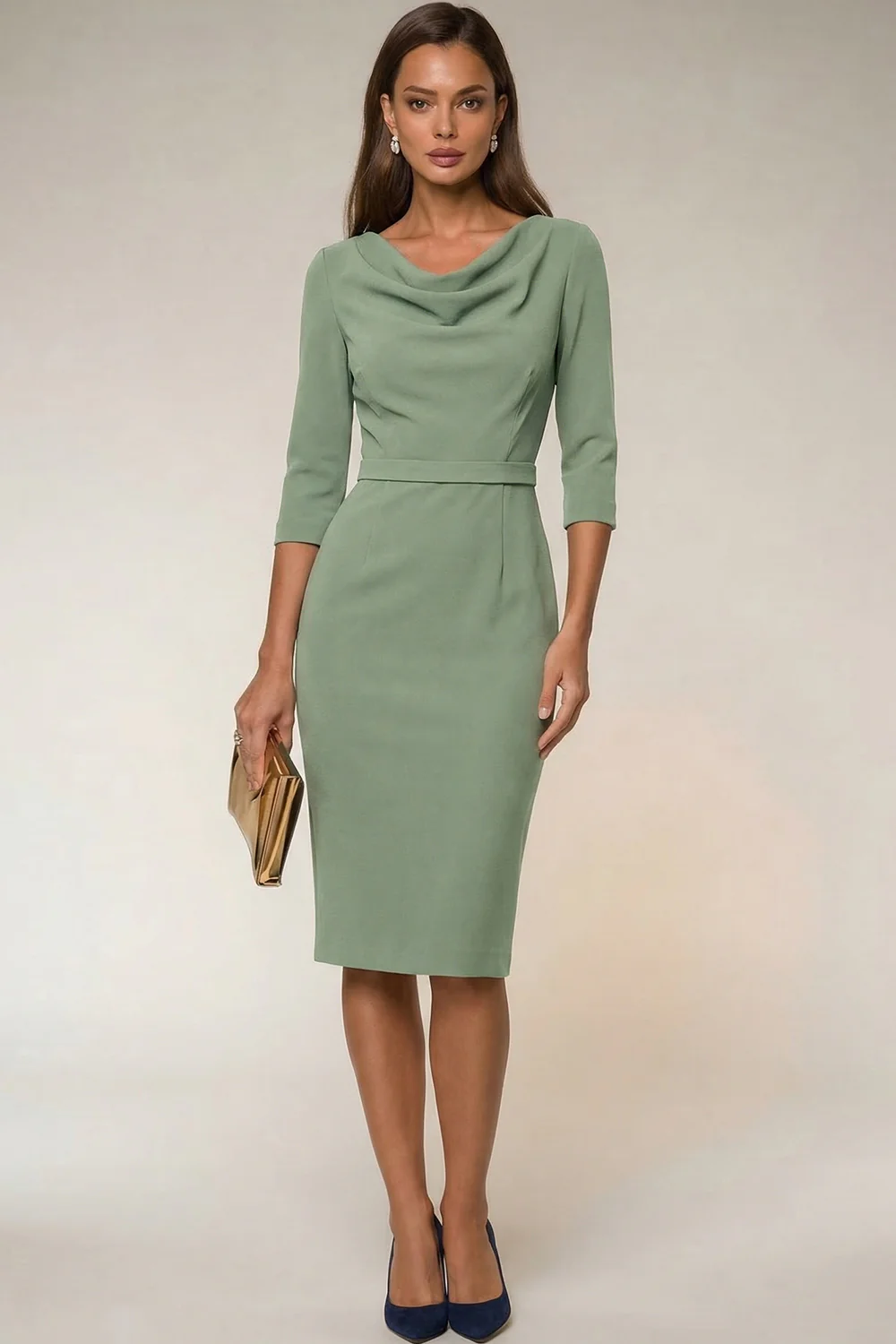 Cowl Neck Navy Bodycon 3/4 Sleeves Midi Work Dress - Image 8