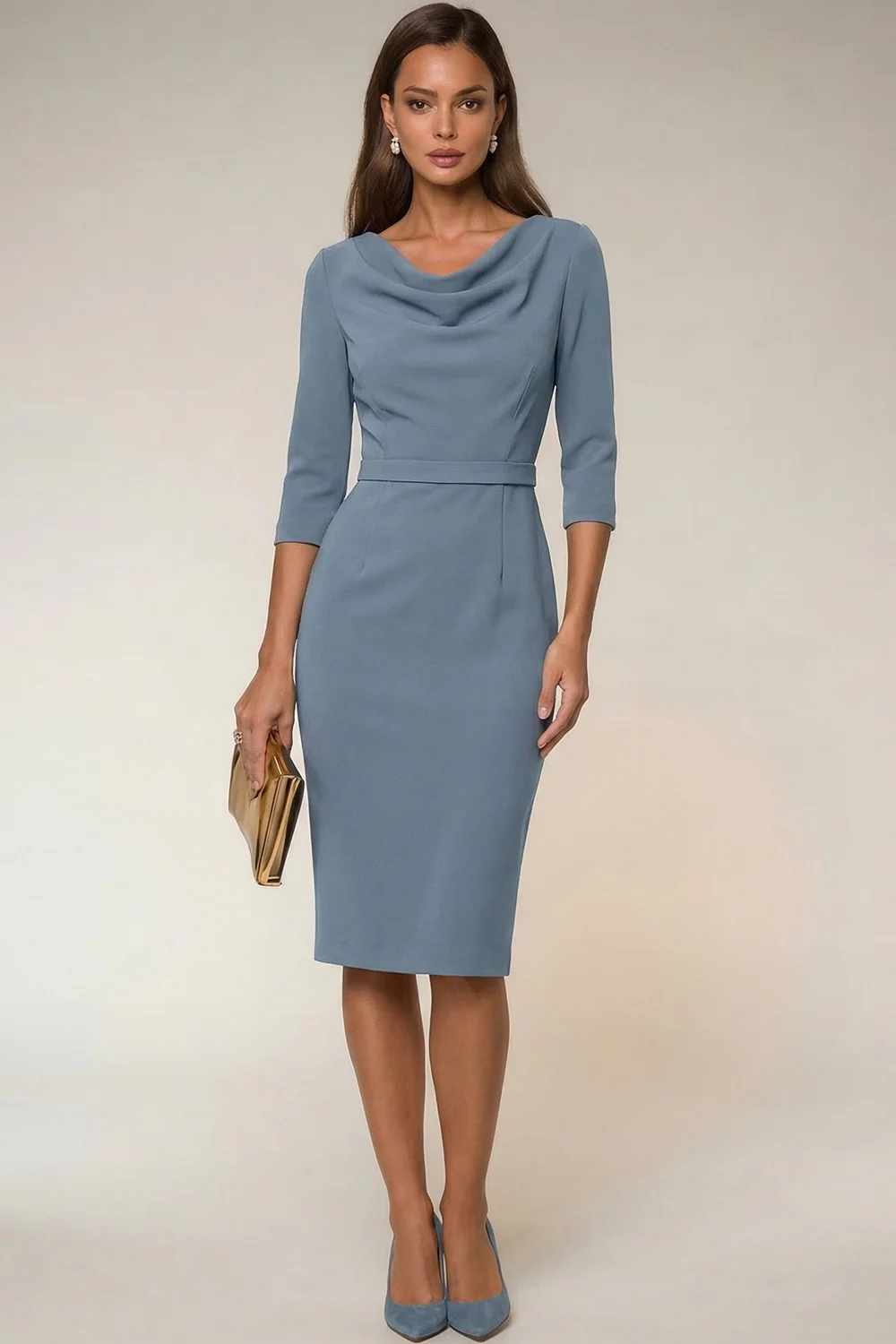 Cowl Neck Navy Bodycon 3/4 Sleeves Midi Work Dress - Image 9