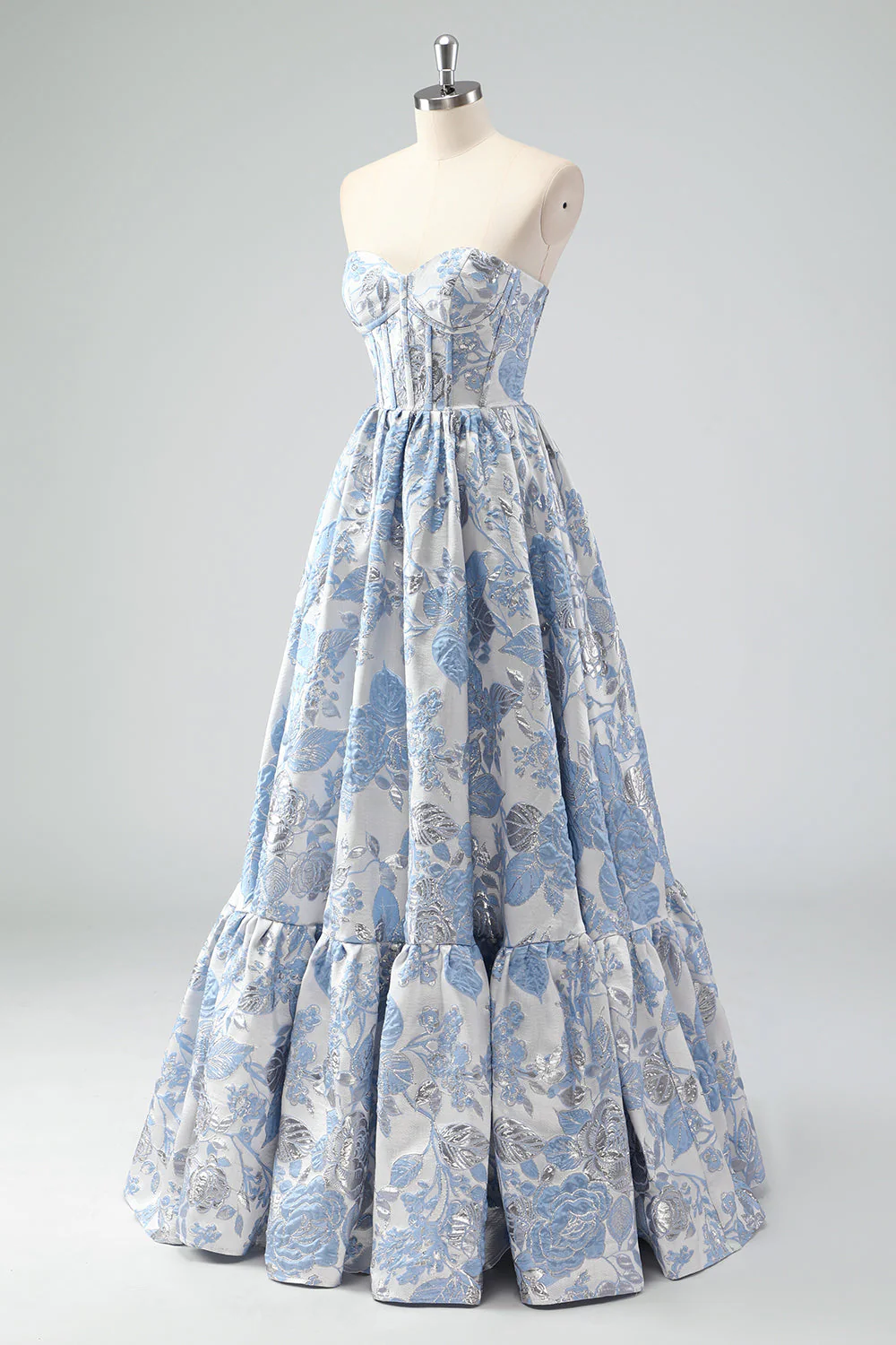 Cute Blue A-Line Sweetheart Brocade Corset Long Prom Dress - Image 3