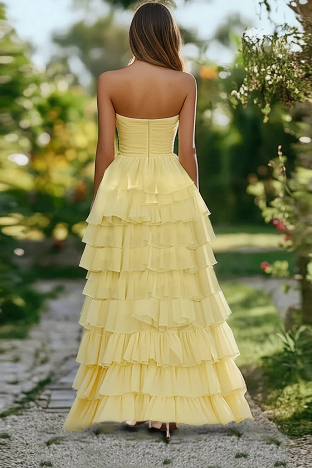 Daffodil Chiffon Sweetheart A-Line Ruffled Long Prom Dress - Image 2