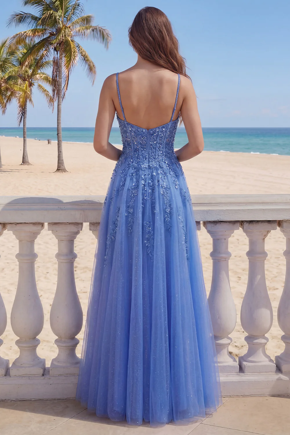 Dark Blue A Line Corset Tulle Beaded Long Prom Dress with Slit - Image 2