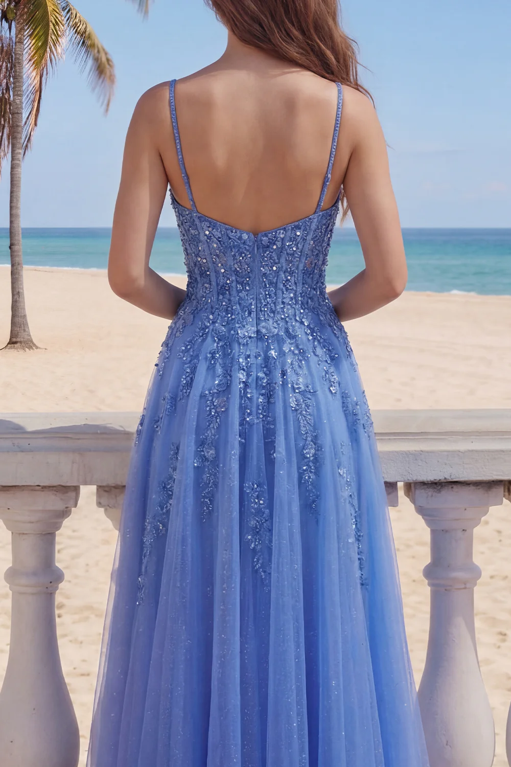 Dark Blue A Line Corset Tulle Beaded Long Prom Dress with Slit - Image 4