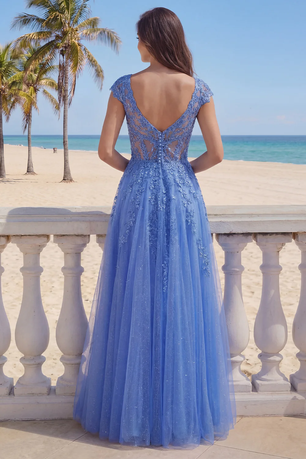 Dark Blue A Line Corset V-Neck Tulle Long Prom Dress with Cap Sleeves - Image 2