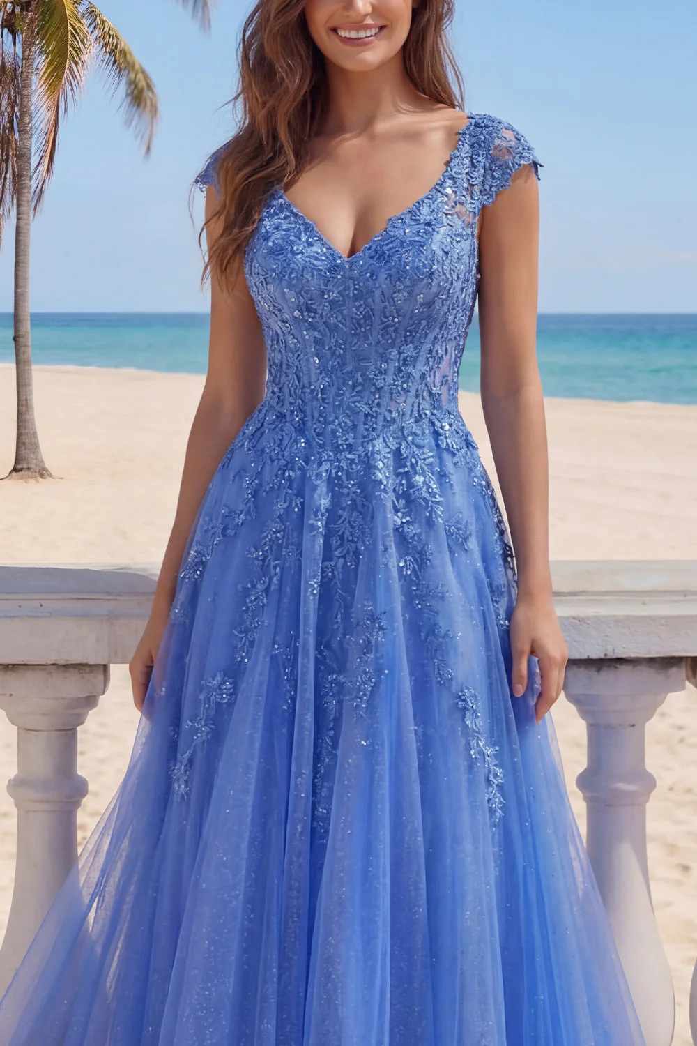 Dark Blue A Line Corset V-Neck Tulle Long Prom Dress with Cap Sleeves - Image 3
